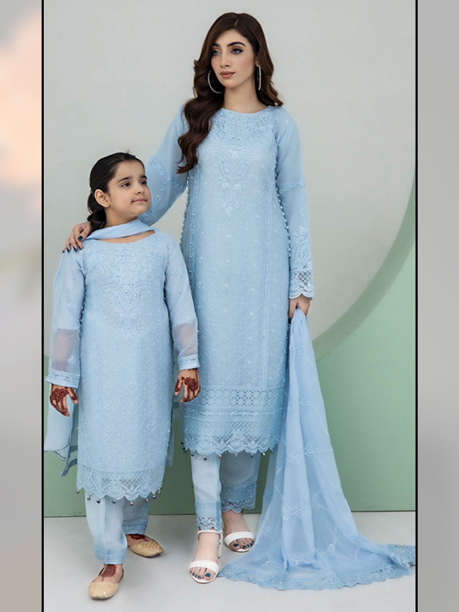 Rangz Chiffon Mother-Daughter Embroidered 3-Piece Suit - Sky Blue