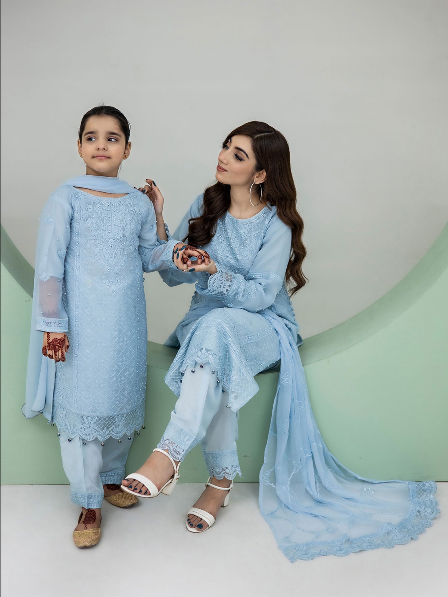 Rangz Chiffon Mother-Daughter Embroidered 3-Piece Suit - Sky Blue