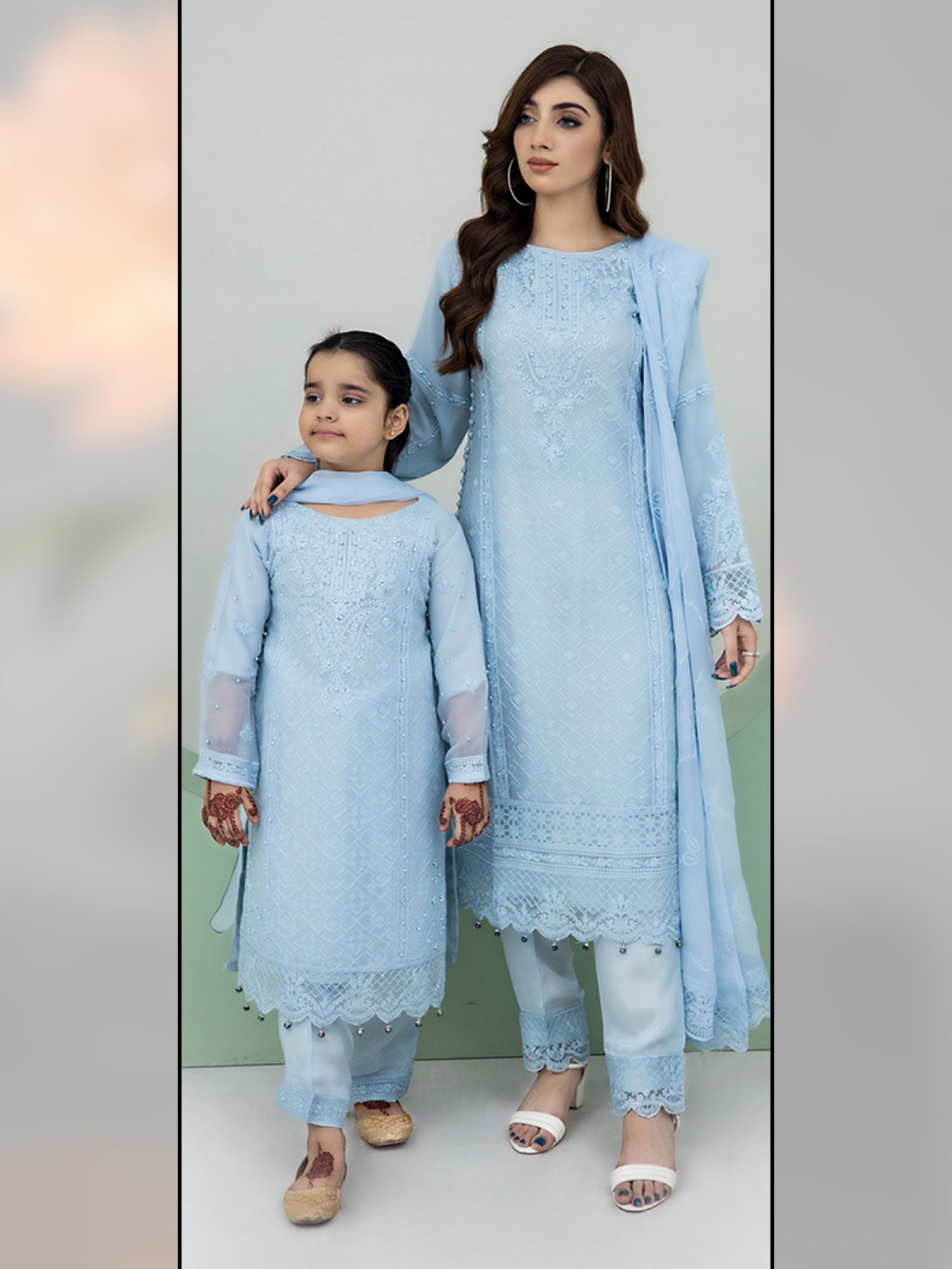 Rangz Chiffon Mother-Daughter Embroidered 3-Piece Suit - Sky Blue