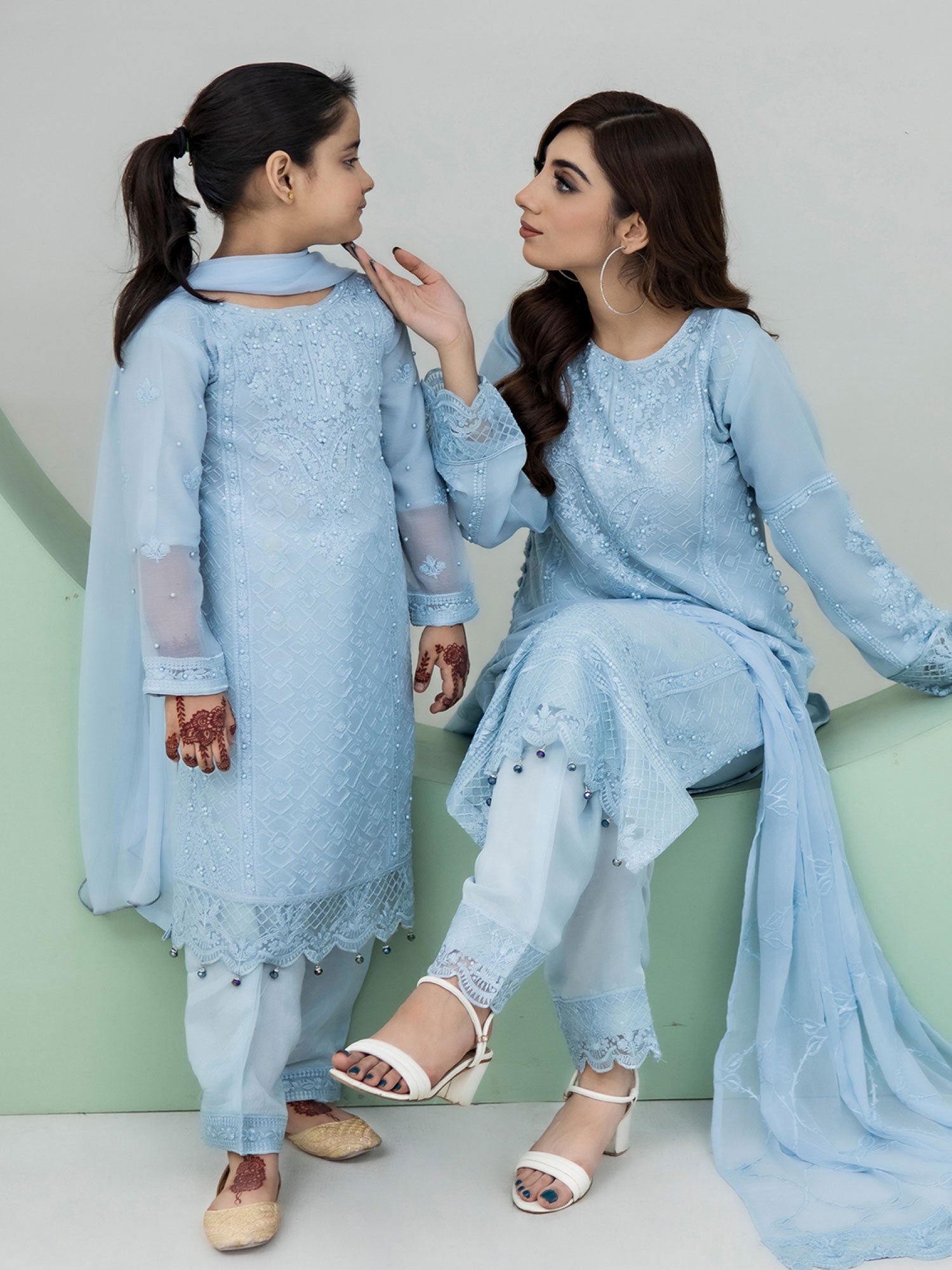 Rangz Chiffon Mother-Daughter Embroidered 3-Piece Suit - Sky Blue