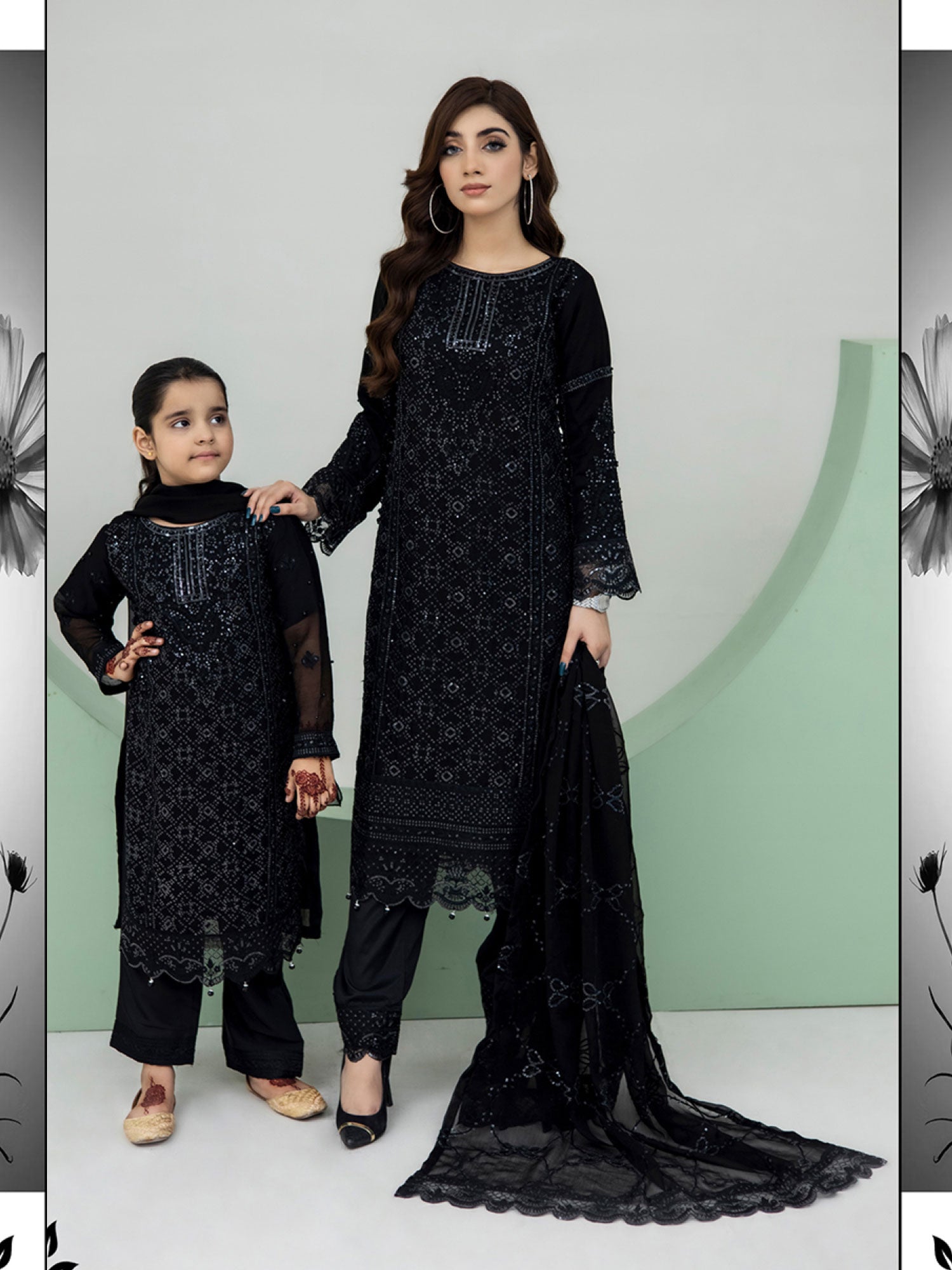 Rangz Chiffon Mother-Daughter Embroidered 3-Piece Suit - Black