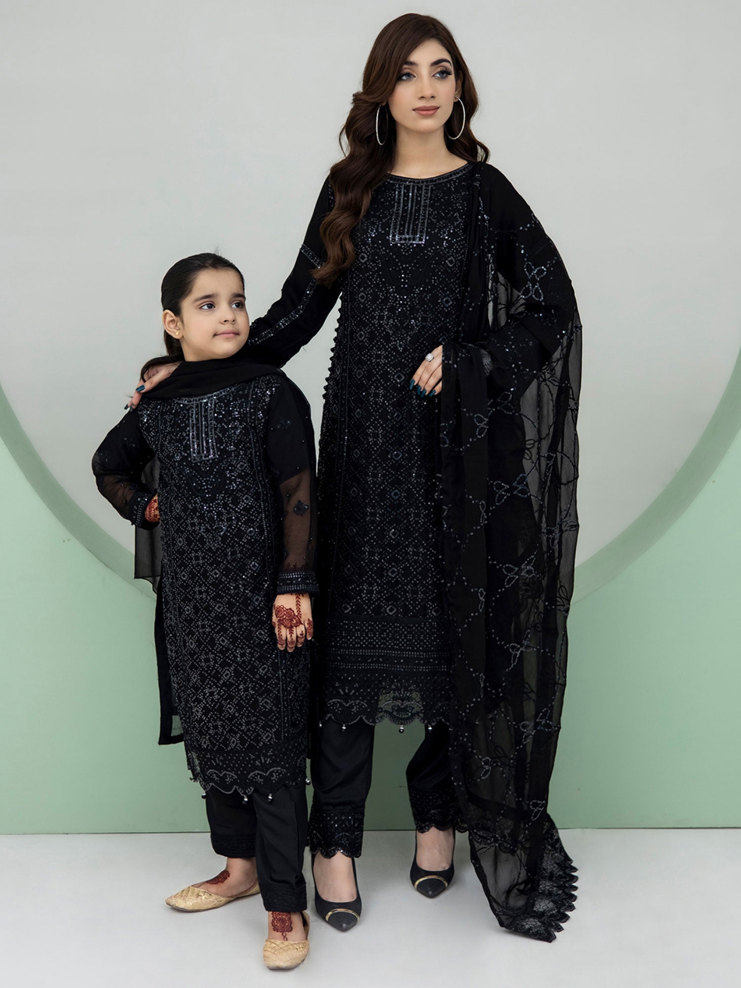 Rangz Chiffon Mother-Daughter Embroidered 3-Piece Suit - Black