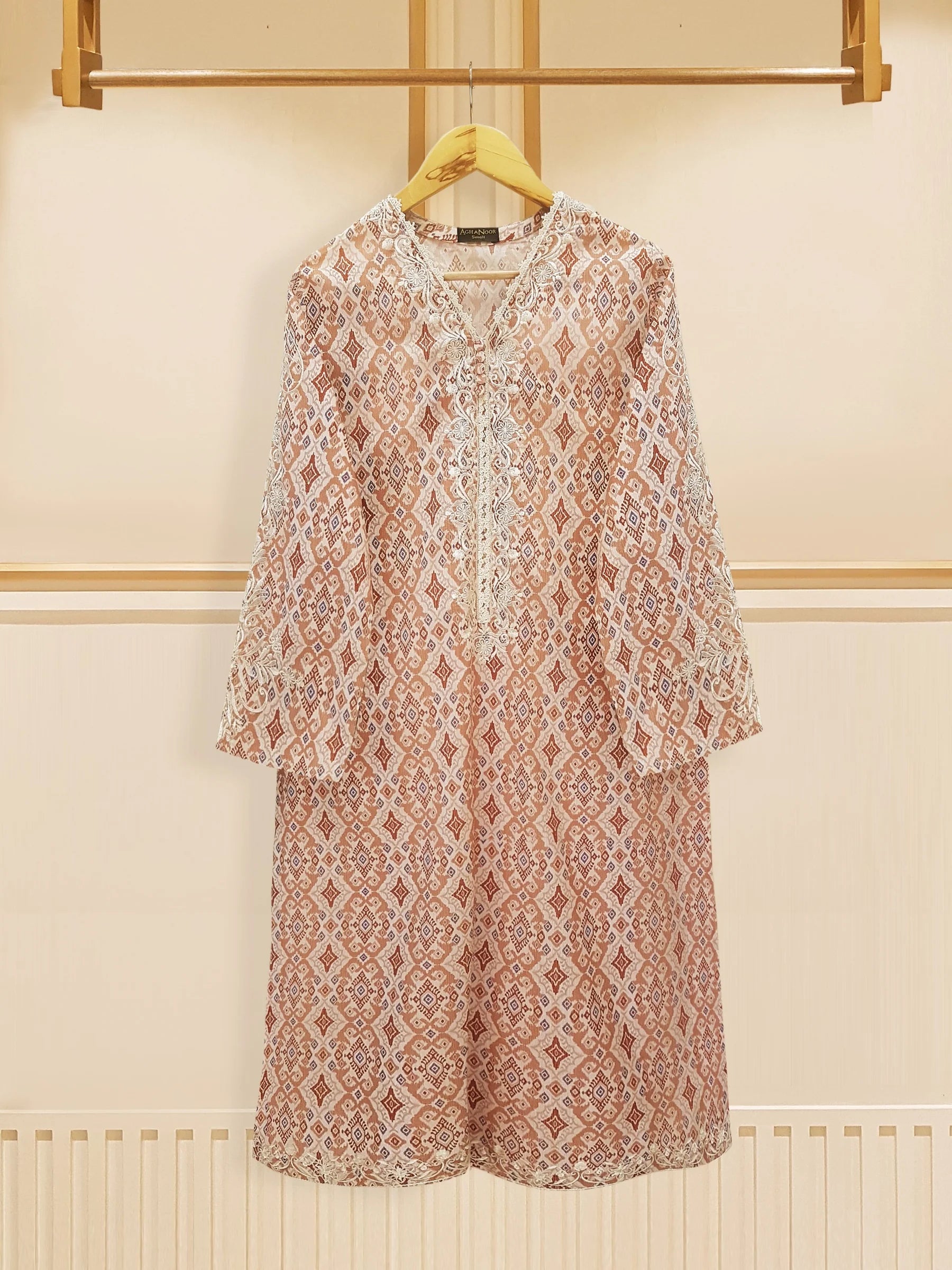 Agha Noor Beige Embroidered Lawn Shirt