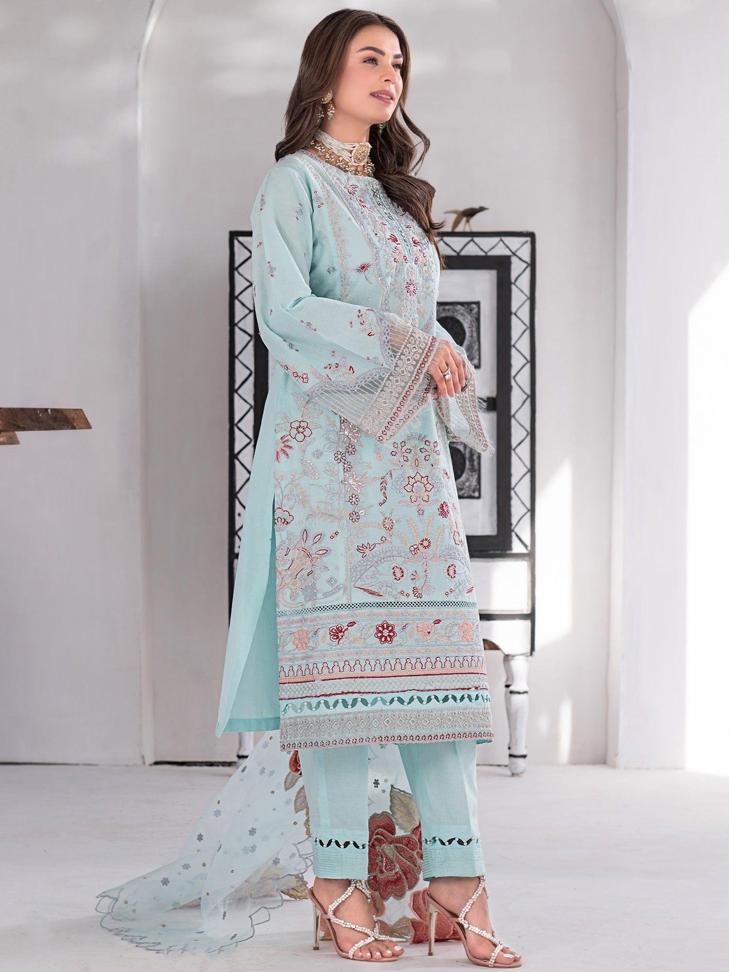 Ally's Luxury Cotton Sky Blue 3-Piece Suit (AL-823)