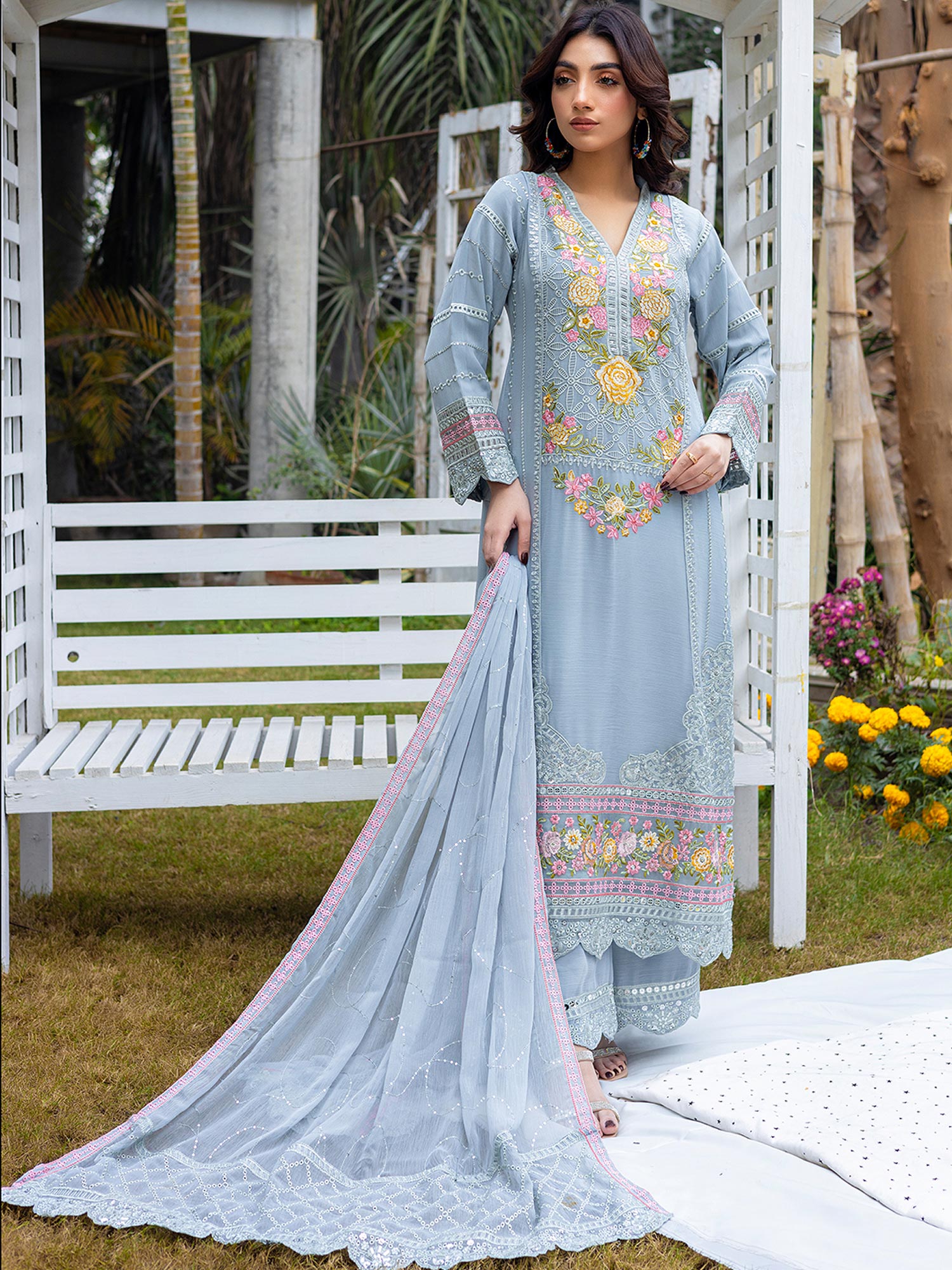 Luxury Embroidered Chiffon Suit (Vol.02) - Grey