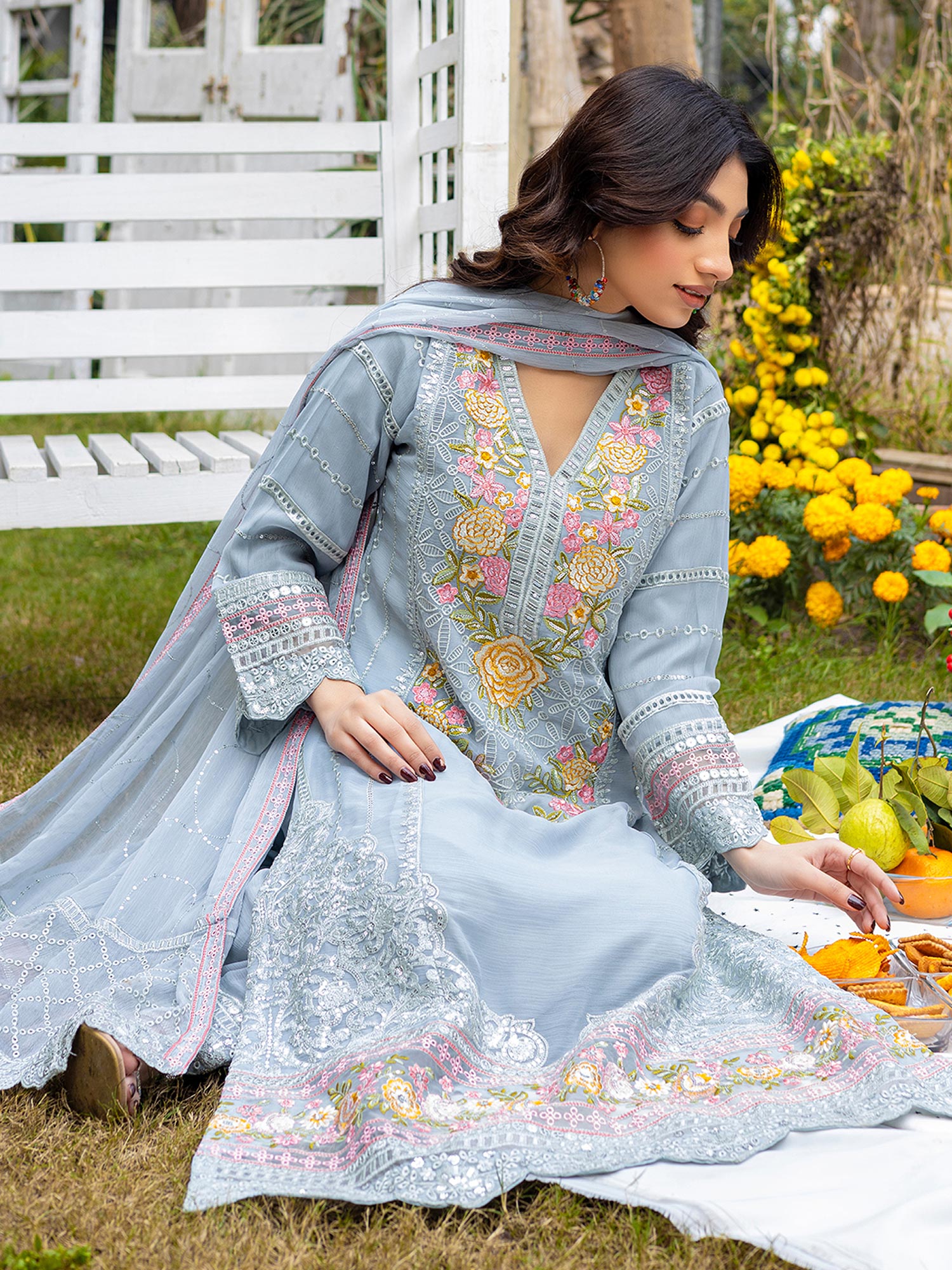 Luxury Embroidered Chiffon Suit (Vol.02) - Grey