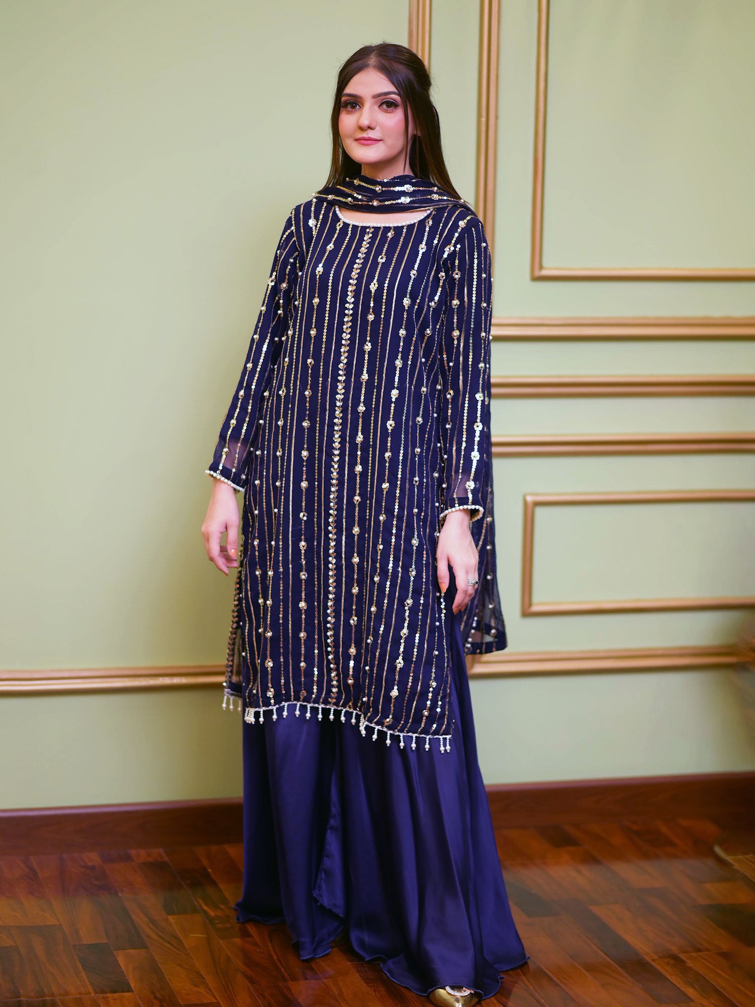 Sequins Chiffon Suit with Silk Palazzo - Navy