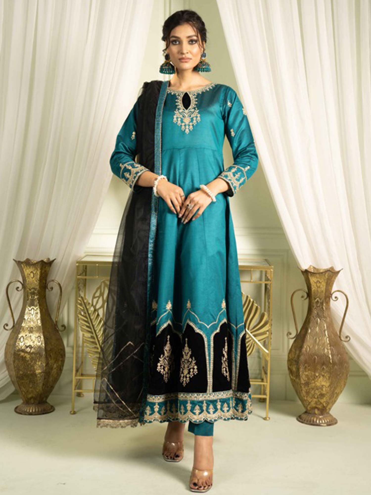 Sha Posh Embroidered Chambray Katan Maxi Suit - Zinc