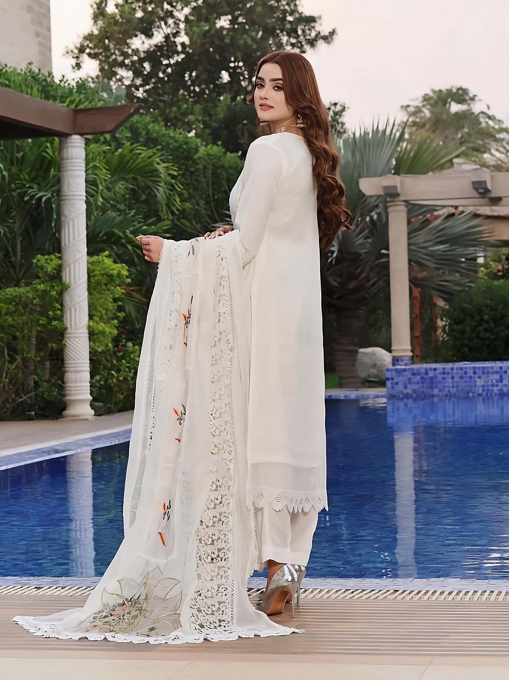 Wardah Uzair Luxury Cotton Net Suit - White