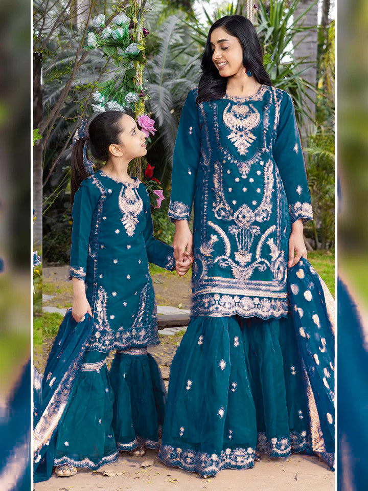 Rangz Organza Mother-Daughter Gharara Suit - Teal