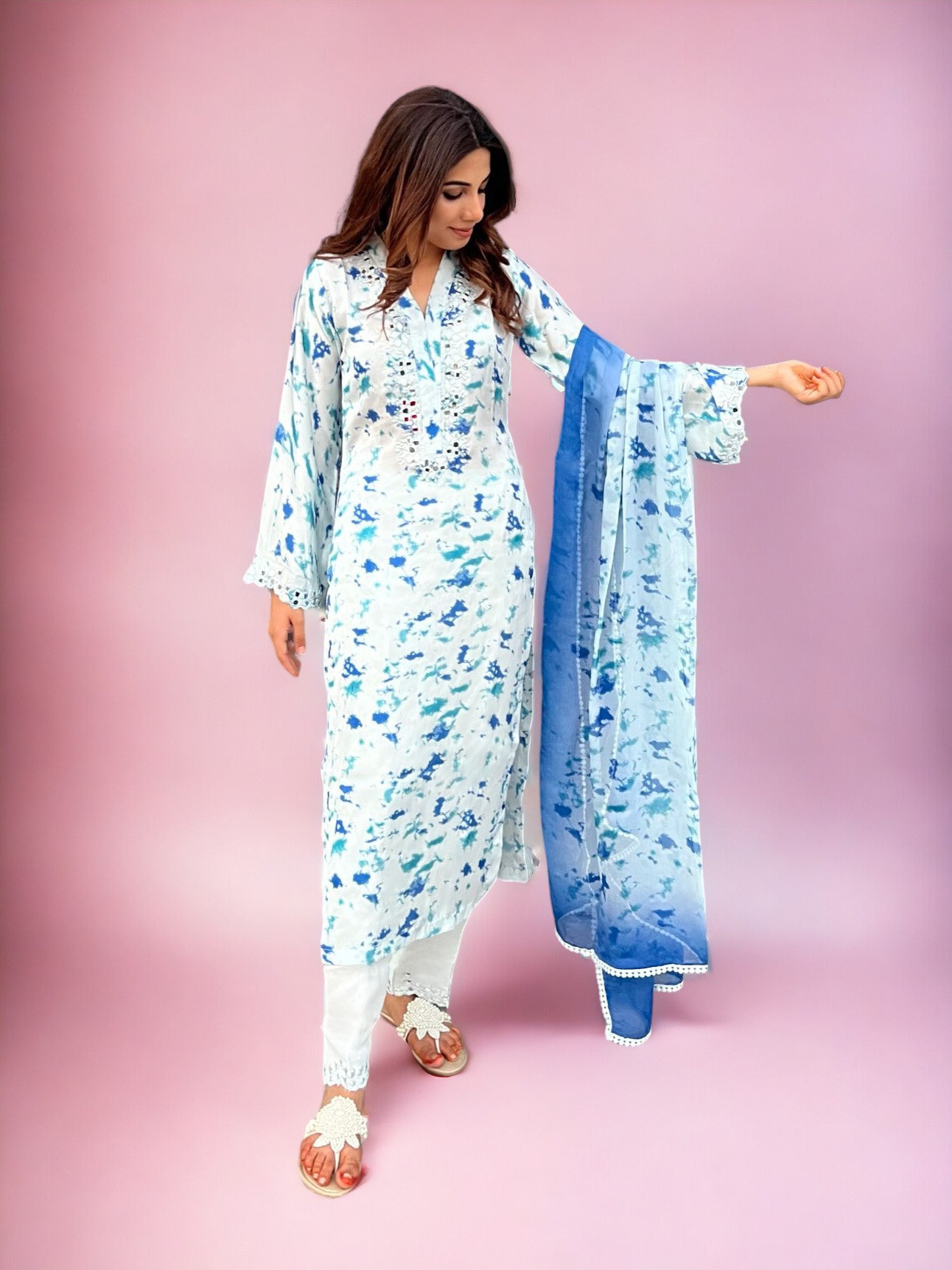 Wardah Uzair Tie & Dye Silk 3-Piece Suit - White & Blue