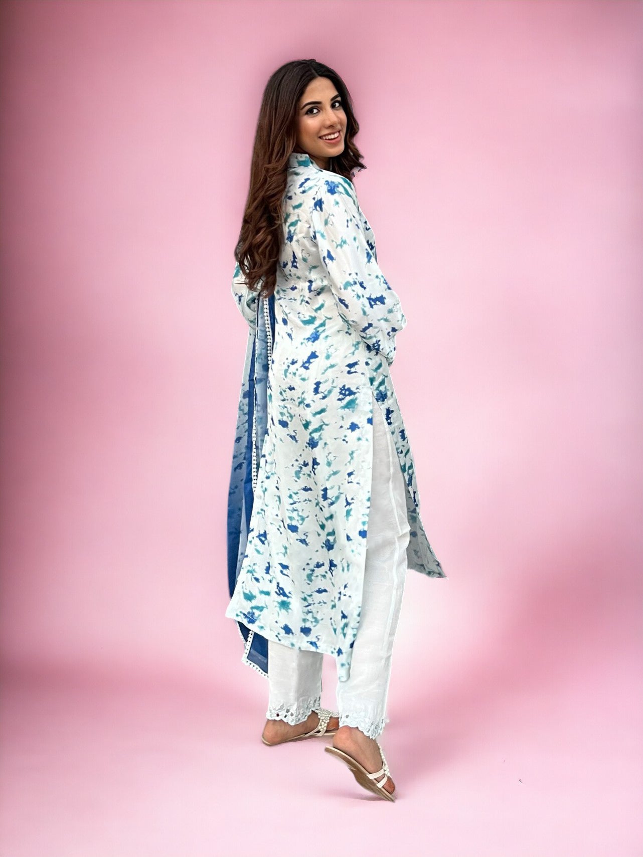 Wardah Uzair Tie & Dye Silk 3-Piece Suit - White & Blue