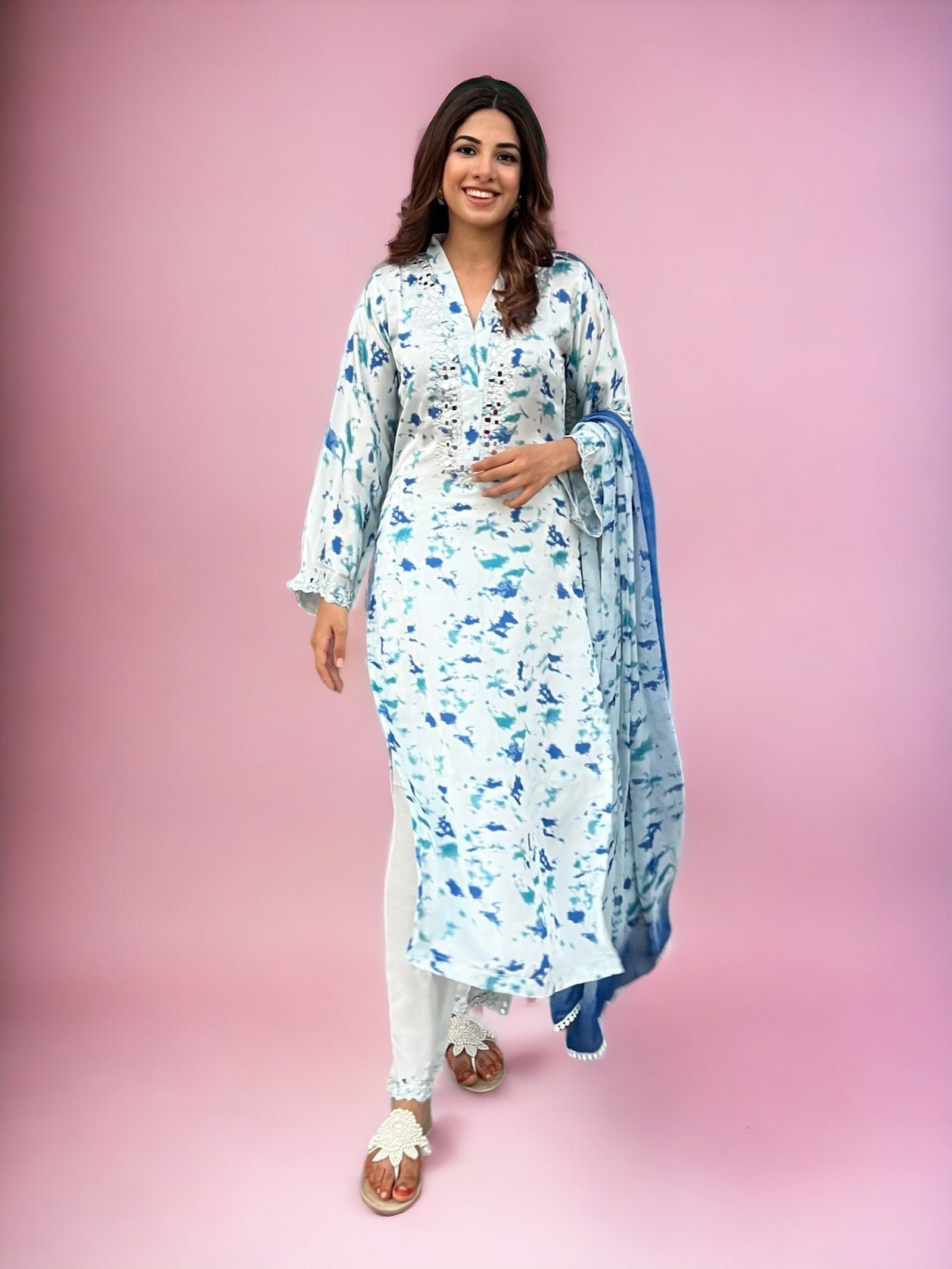 Wardah Uzair Tie & Dye Silk 3-Piece Suit - White & Blue