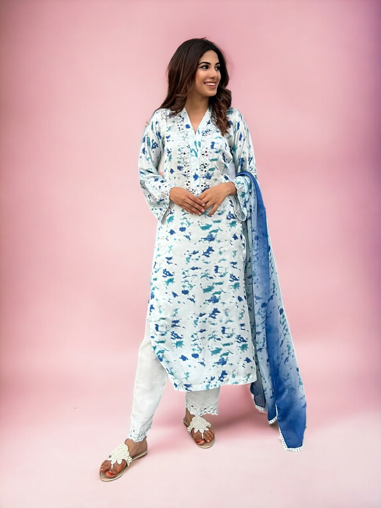 Wardah Uzair Tie & Dye Silk 3-Piece Suit - White & Blue