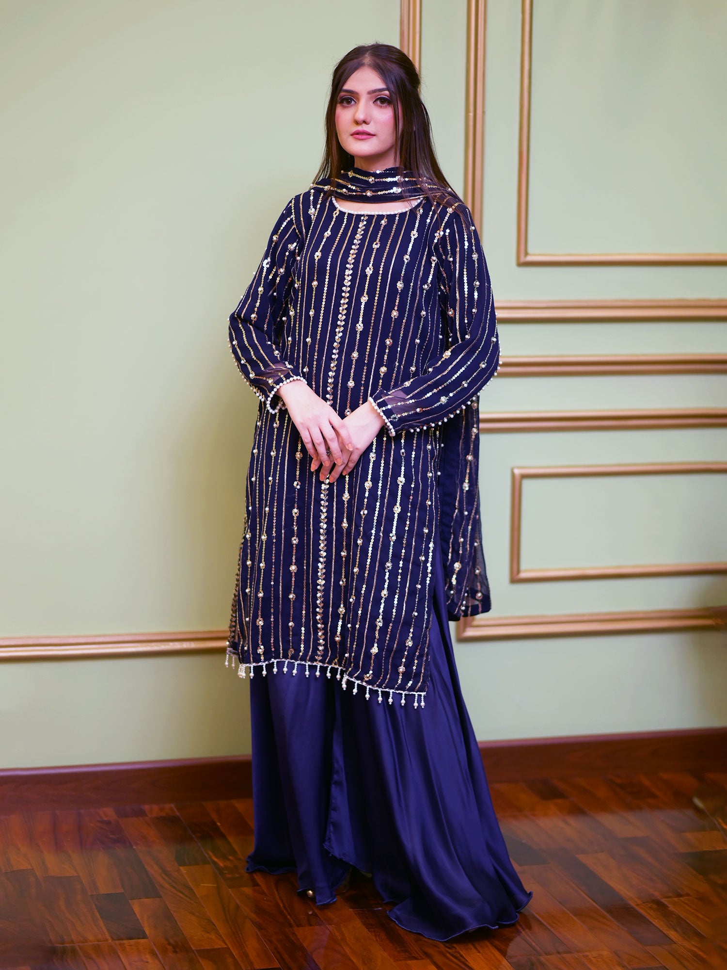 Sequins Chiffon Suit with Silk Palazzo - Navy