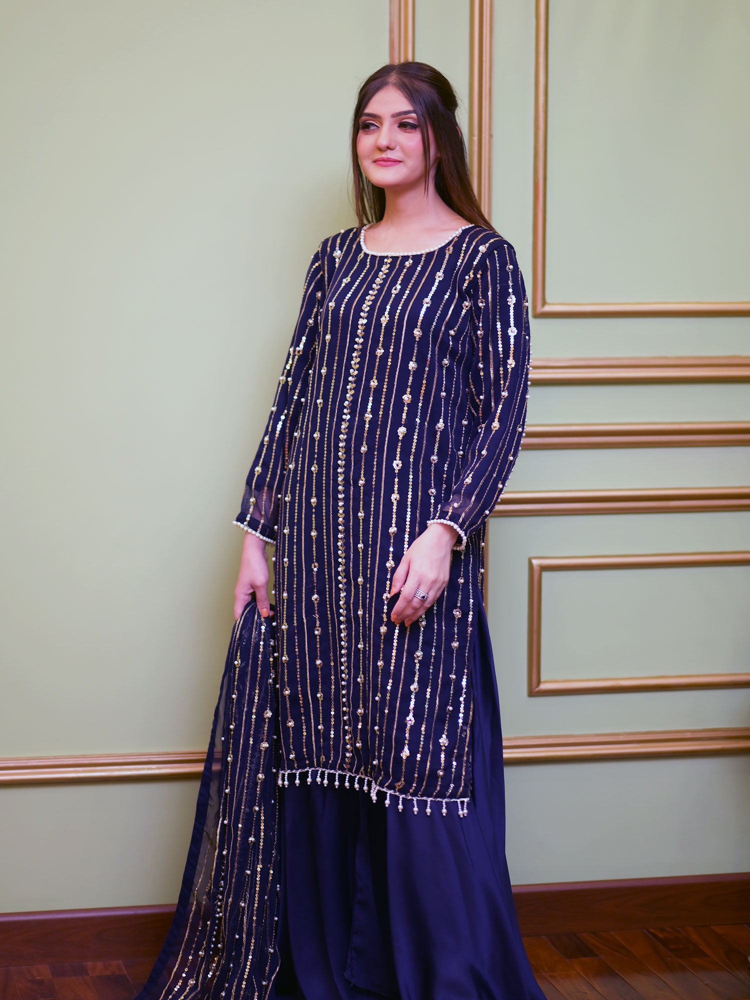 Sequins Chiffon Suit with Silk Palazzo - Navy