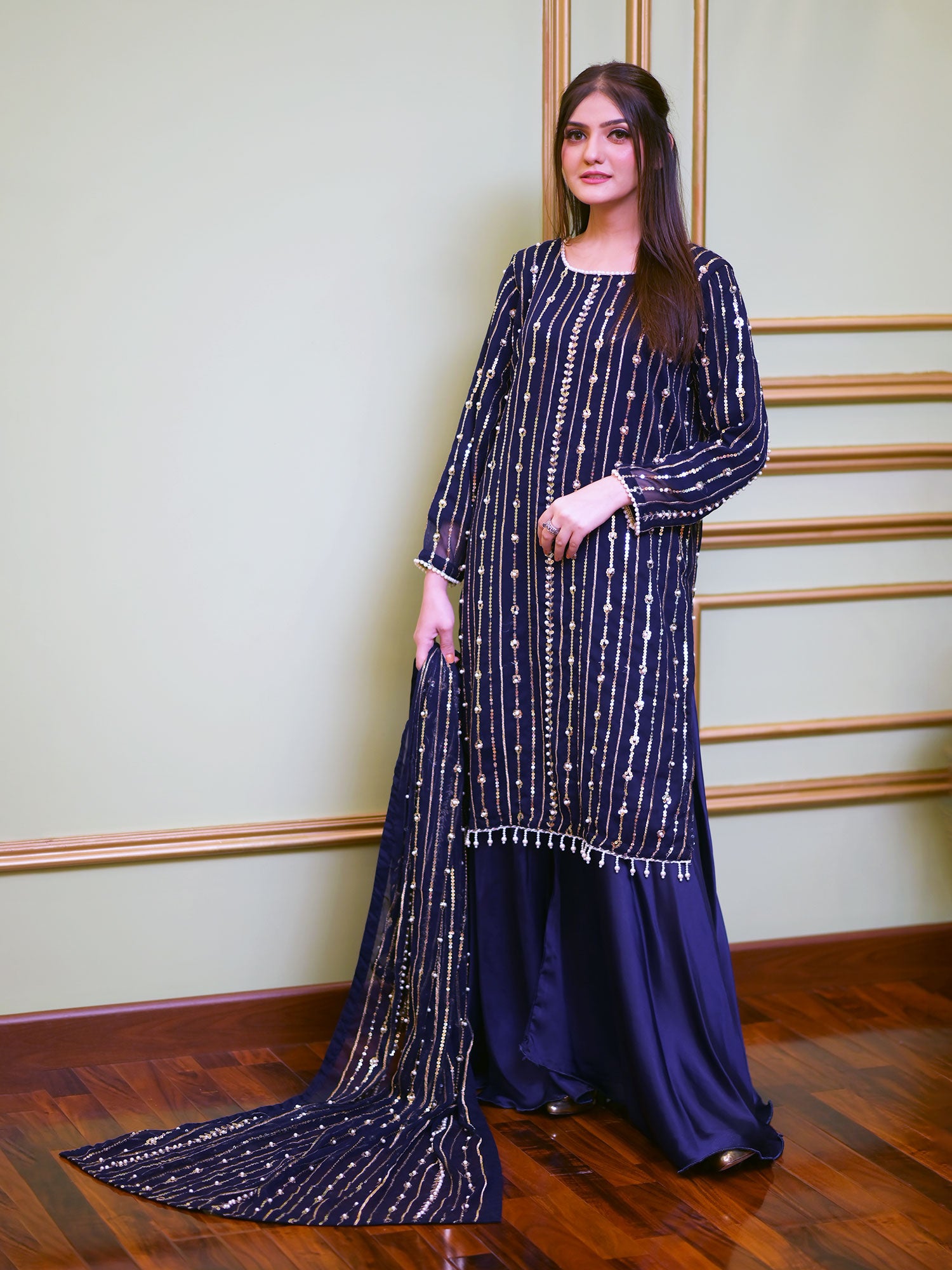 Sequins Chiffon Suit with Silk Palazzo - Navy