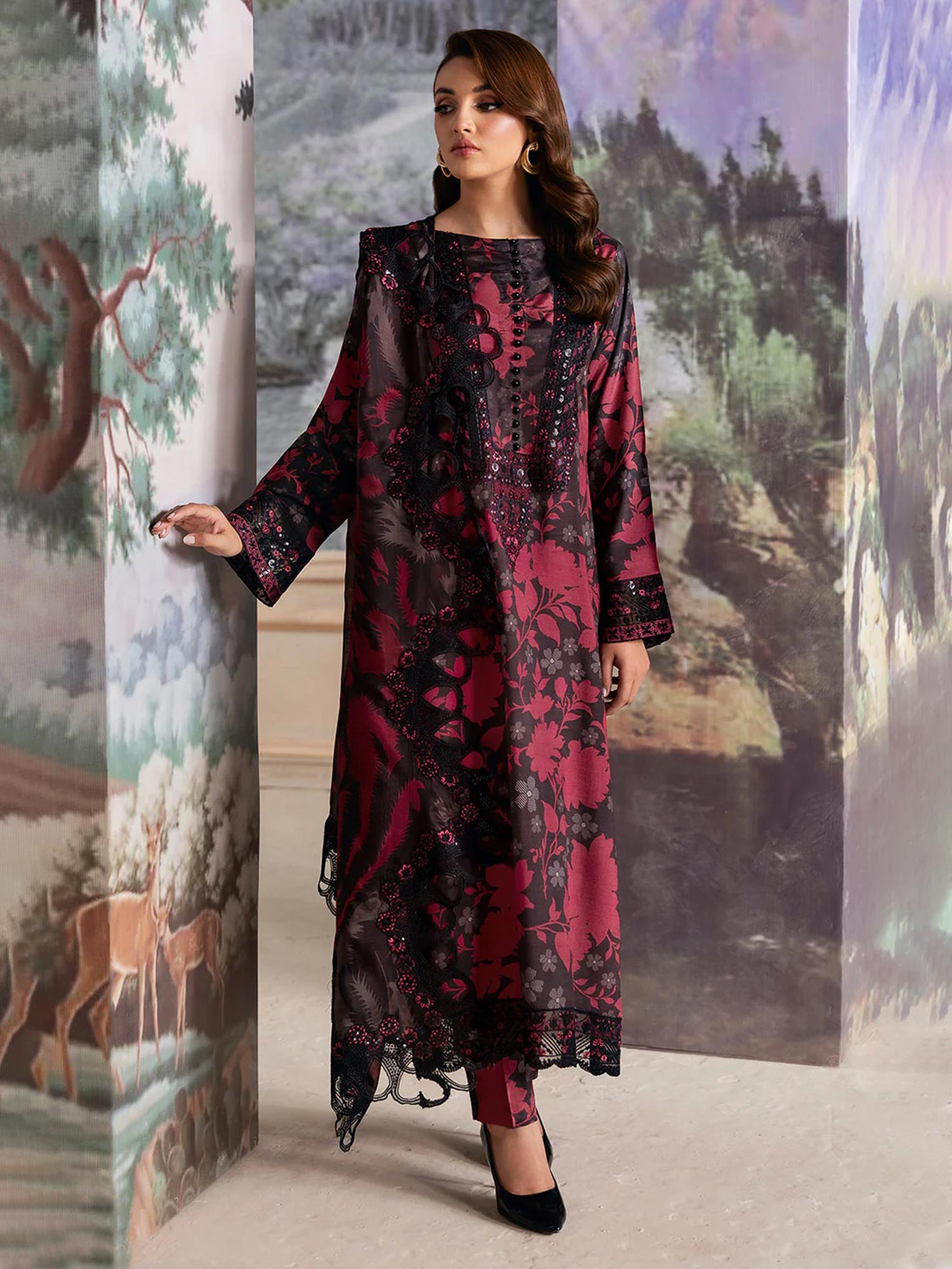 Ramsha "Riwaj" Luxury Embroidered Rawsilk Suit - Black & Red (K-503)