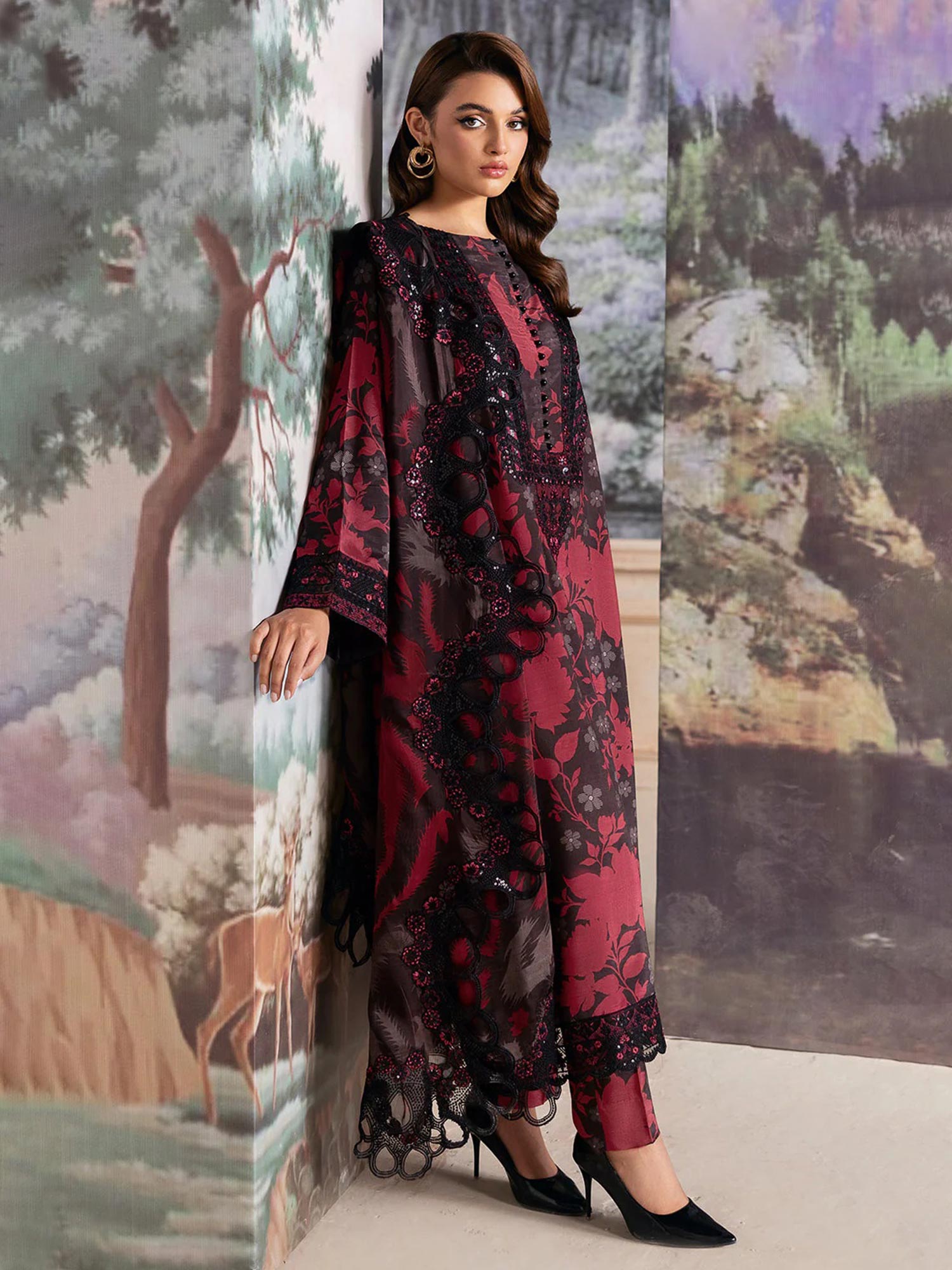 Ramsha "Riwaj" Luxury Embroidered Rawsilk Suit - Black & Red (K-503)