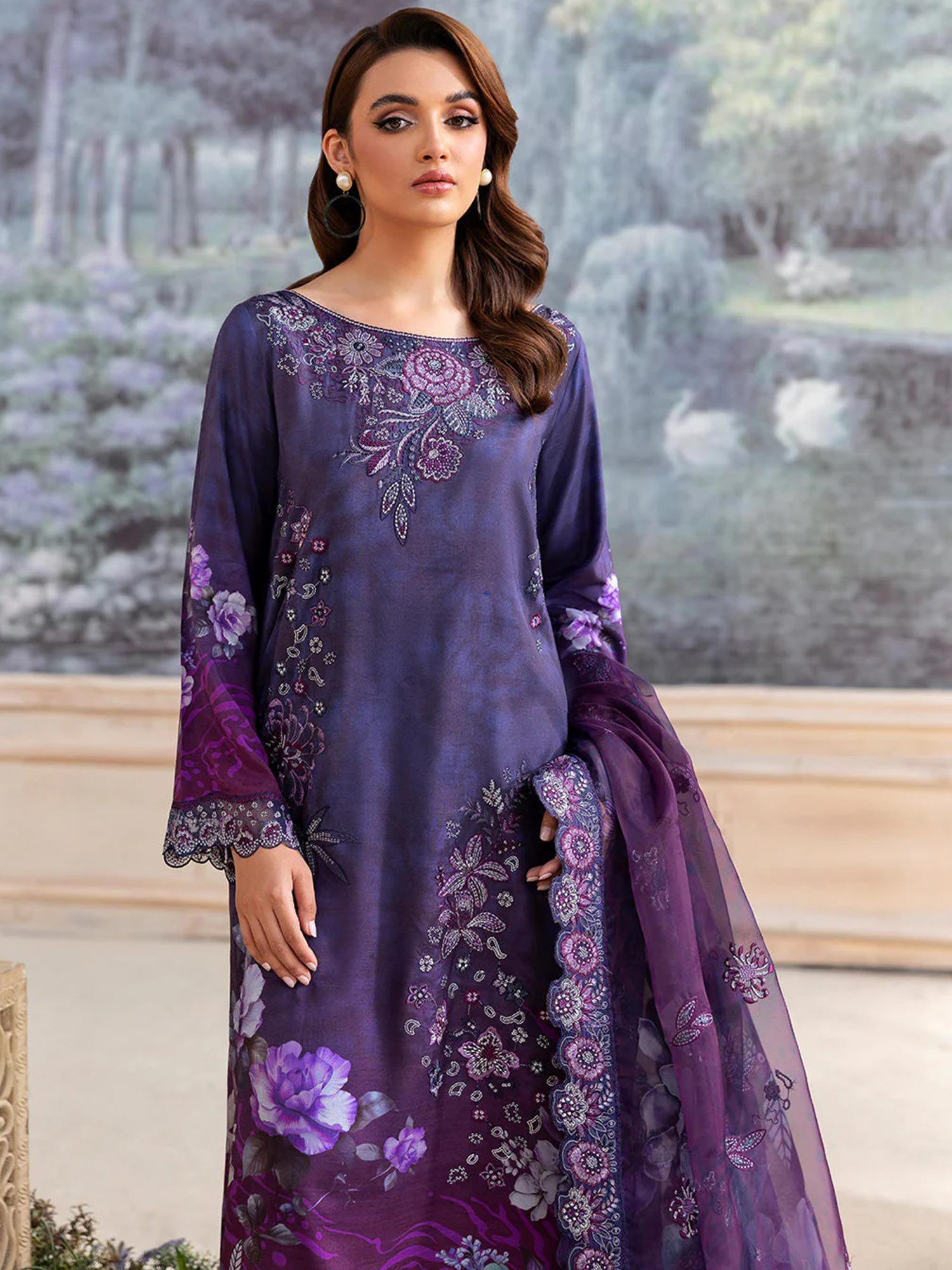 Ramsha "Riwaj" Luxury Embroidered Rawsilk Suit - Violet (K-506)