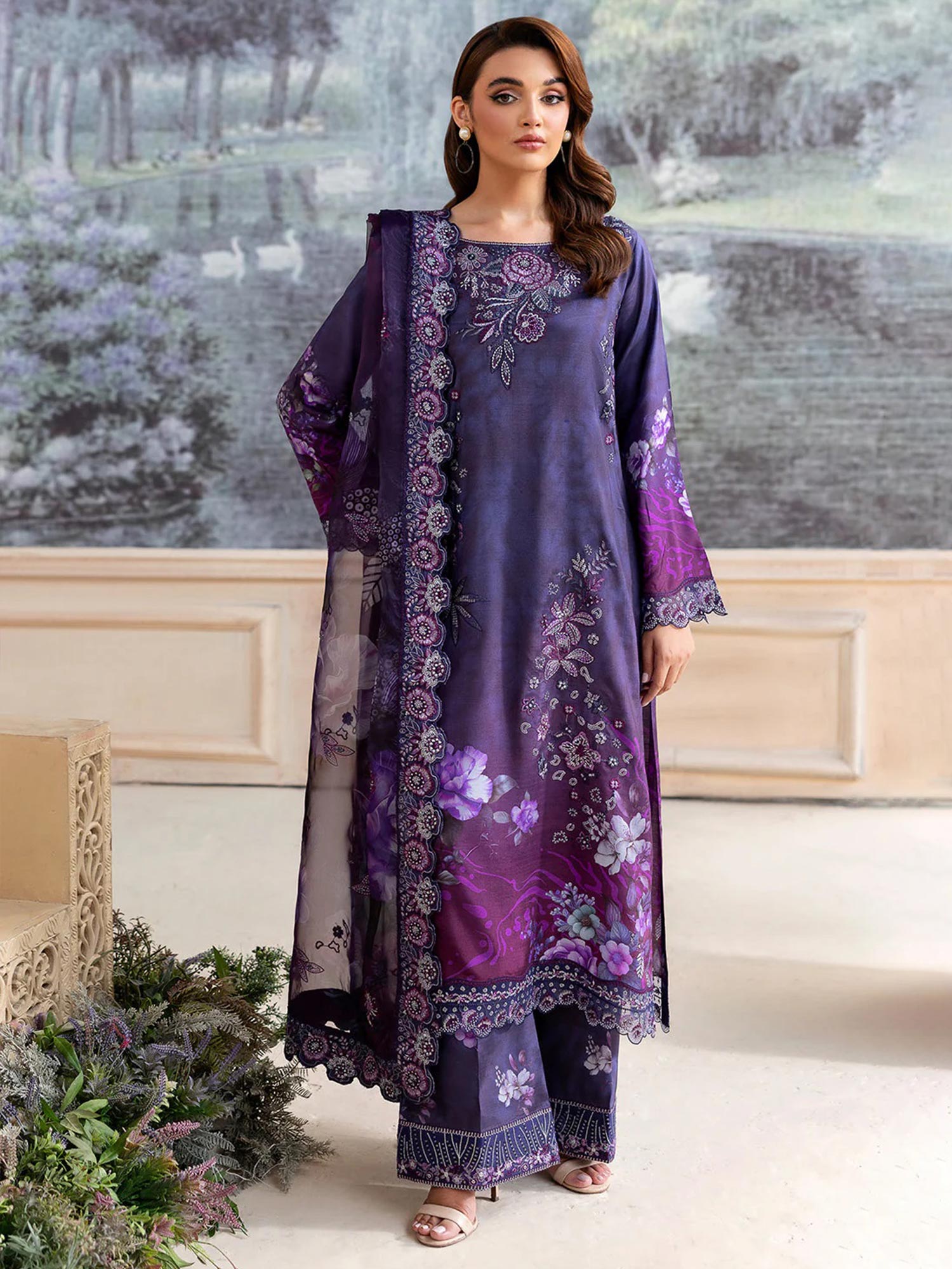 Ramsha "Riwaj" Luxury Embroidered Rawsilk Suit - Violet (K-506)