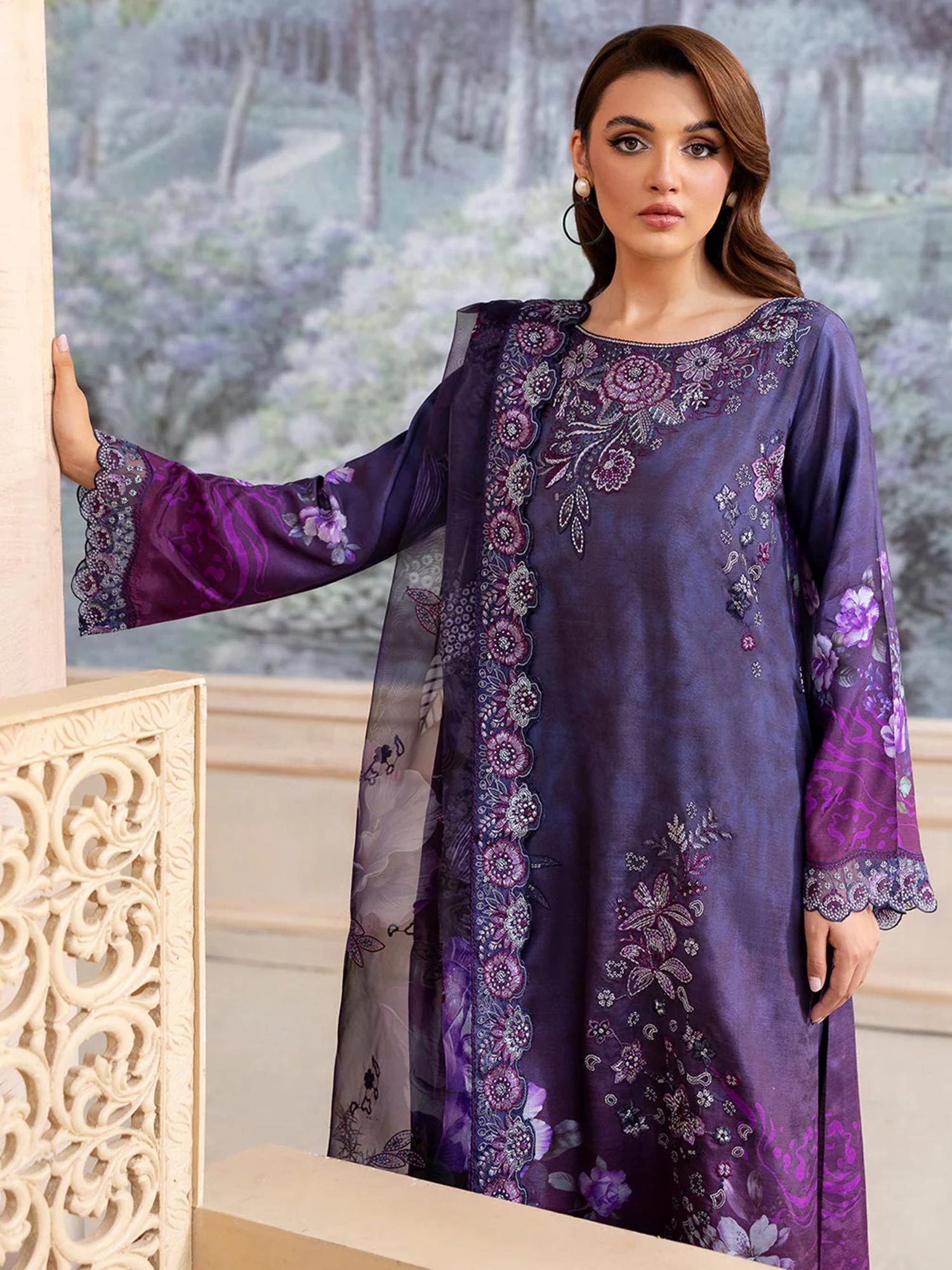 Ramsha "Riwaj" Luxury Embroidered Rawsilk Suit - Violet (K-506)