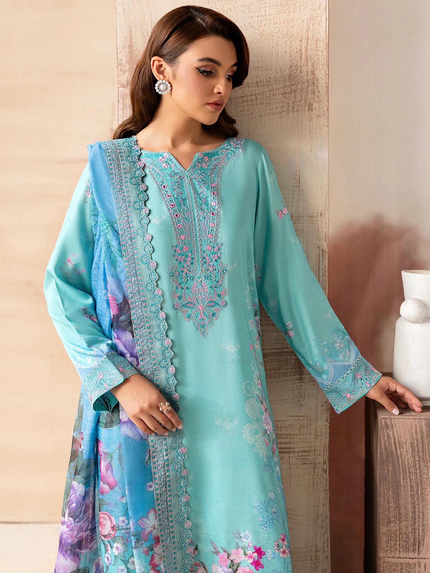 Ramsha "Riwaj" Luxury Embroidered Rawsilk Suit - Turquoise (K-507)