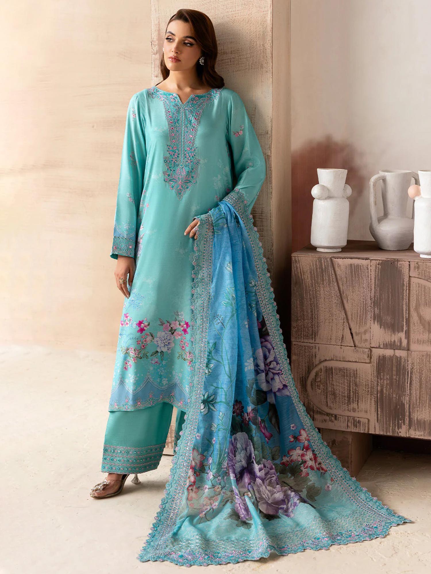 Ramsha "Riwaj" Luxury Embroidered Rawsilk Suit - Turquoise (K-507)