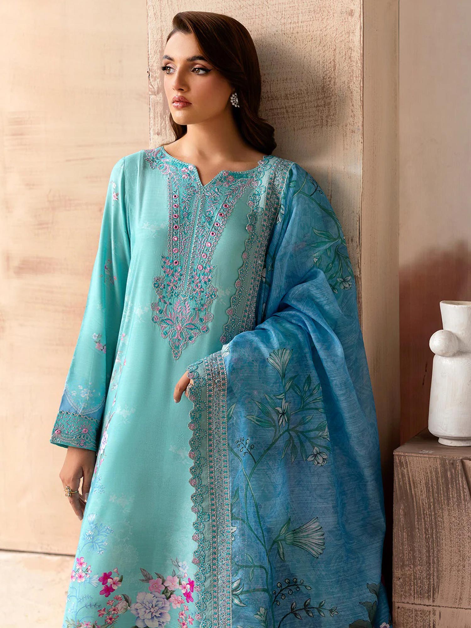 Ramsha "Riwaj" Luxury Embroidered Rawsilk Suit - Turquoise (K-507)