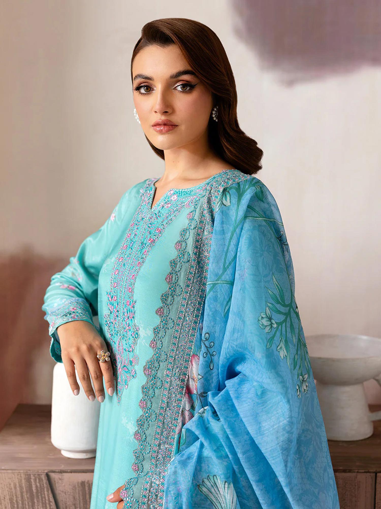 Ramsha "Riwaj" Luxury Embroidered Rawsilk Suit - Turquoise (K-507)