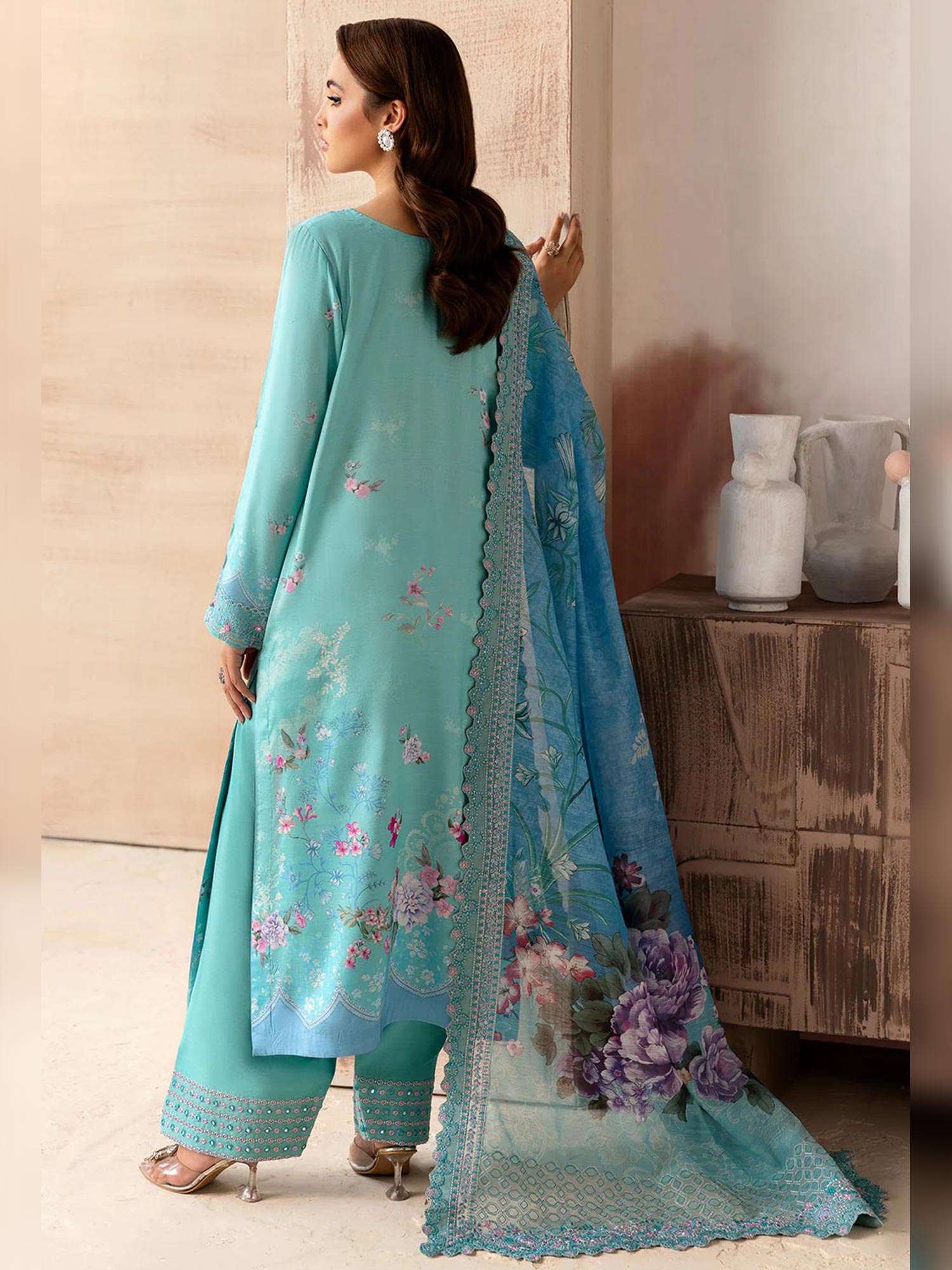 Ramsha "Riwaj" Luxury Embroidered Rawsilk Suit - Turquoise (K-507)