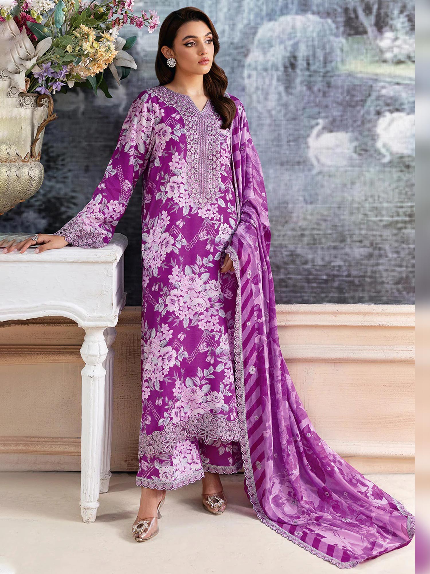 Ramsha "Riwaj" Luxury Embroidered Rawsilk Suit - Purple (K-508)