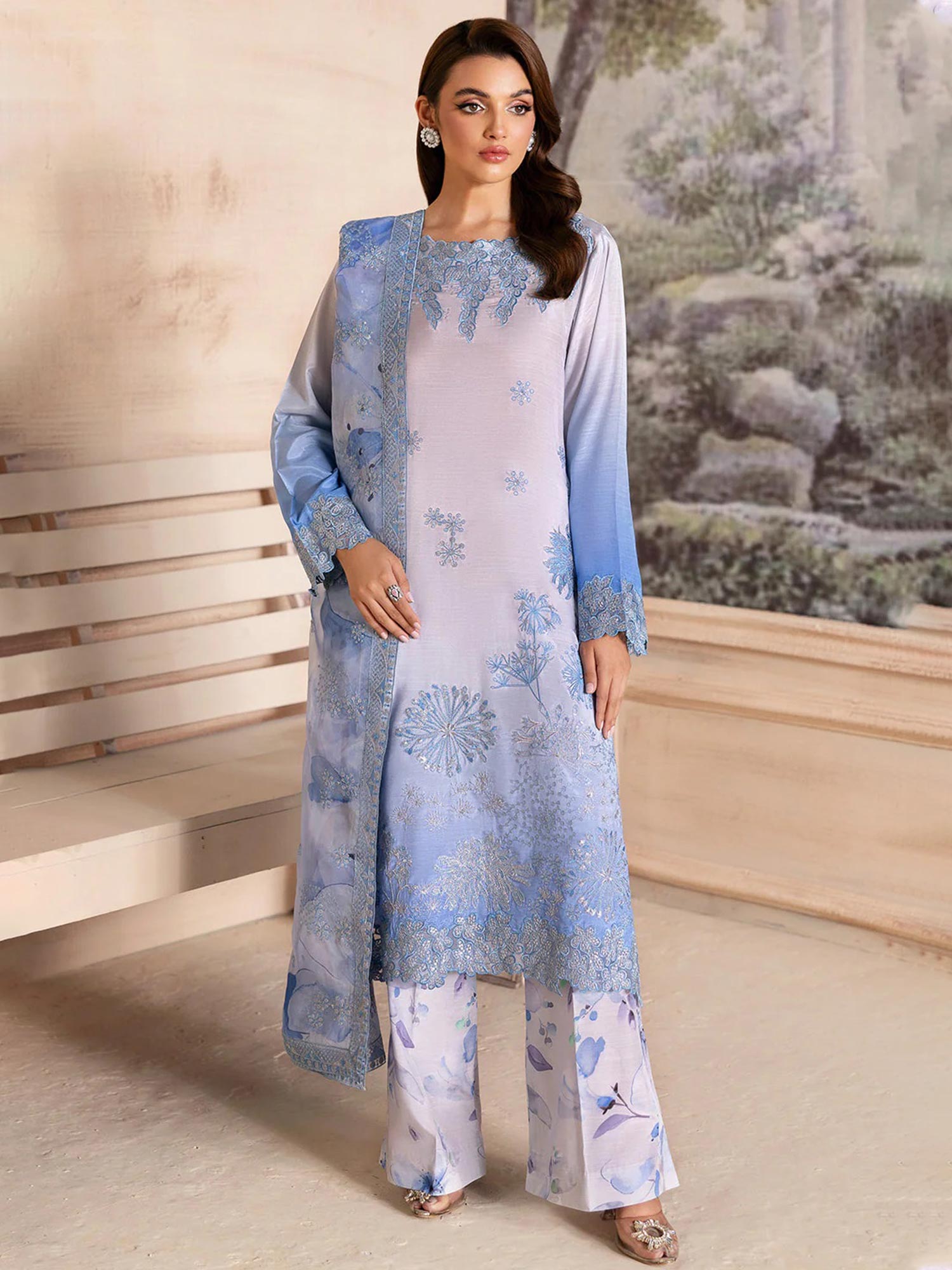 Ramsha "Riwaj" Luxury Embroidered Rawsilk Suit - Sky Blue (K-509)