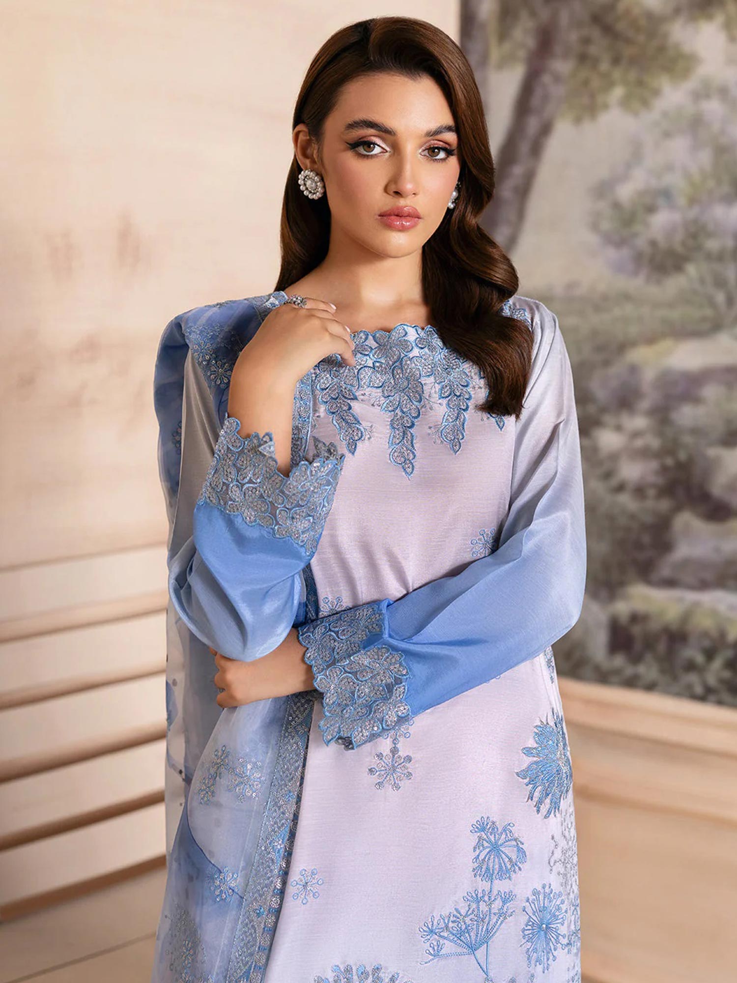 Ramsha "Riwaj" Luxury Embroidered Rawsilk Suit - Sky Blue (K-509)