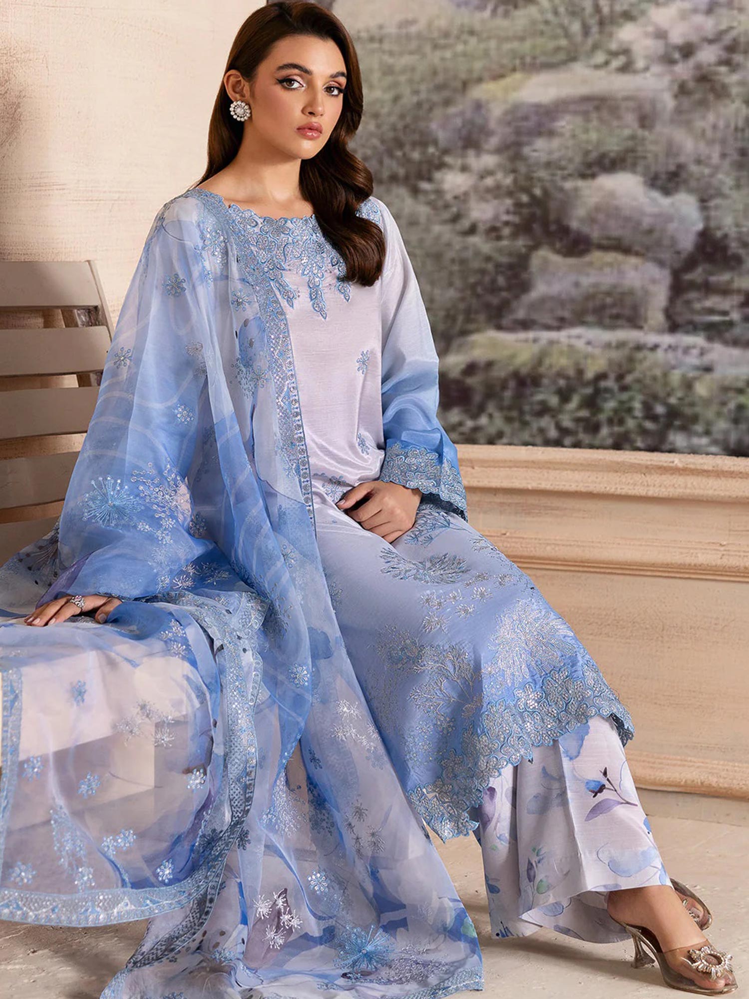 Ramsha "Riwaj" Luxury Embroidered Rawsilk Suit - Sky Blue (K-509)