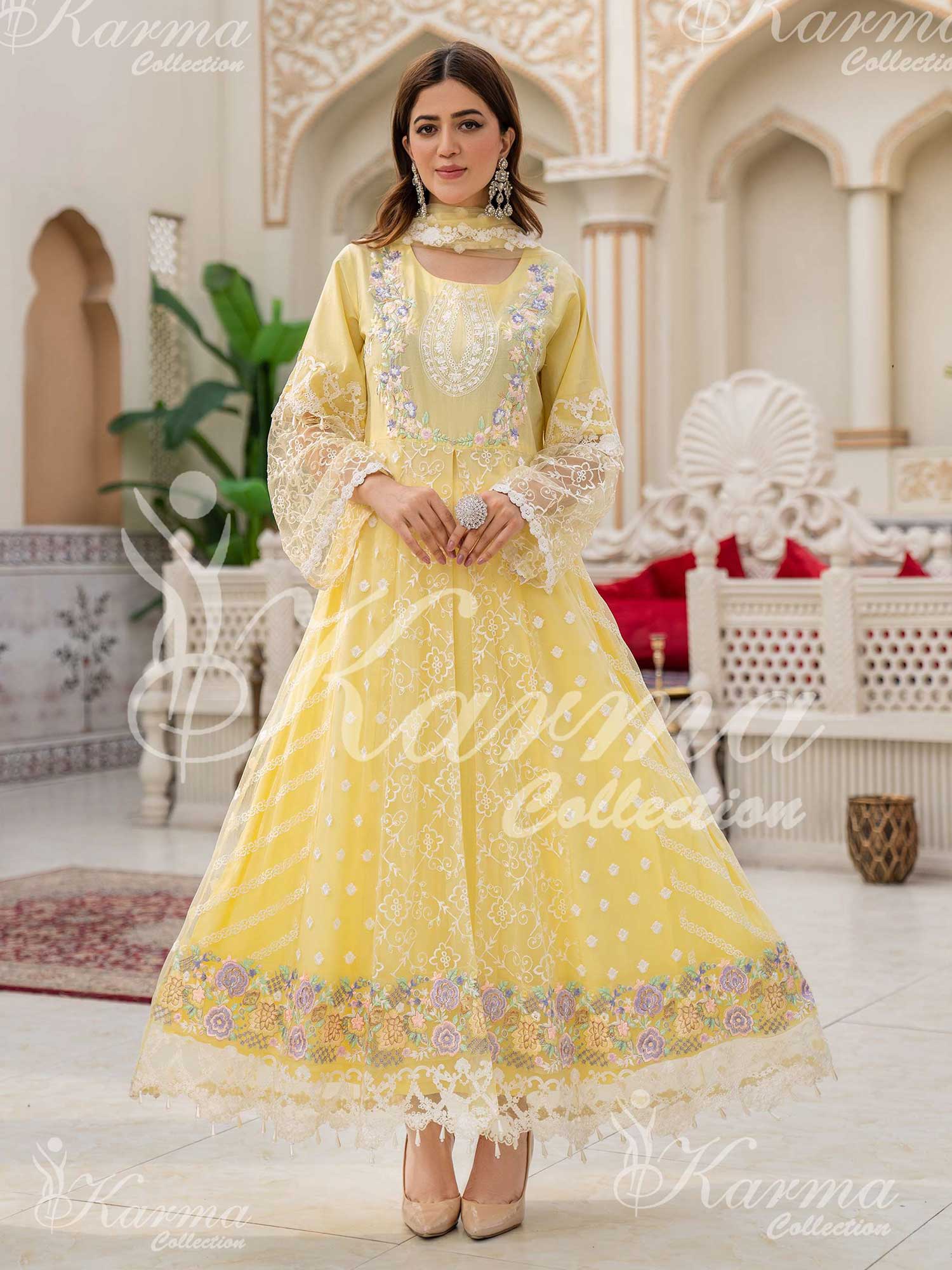 Karma Collection Yellow Cotton Net Long Gown Frock 1292