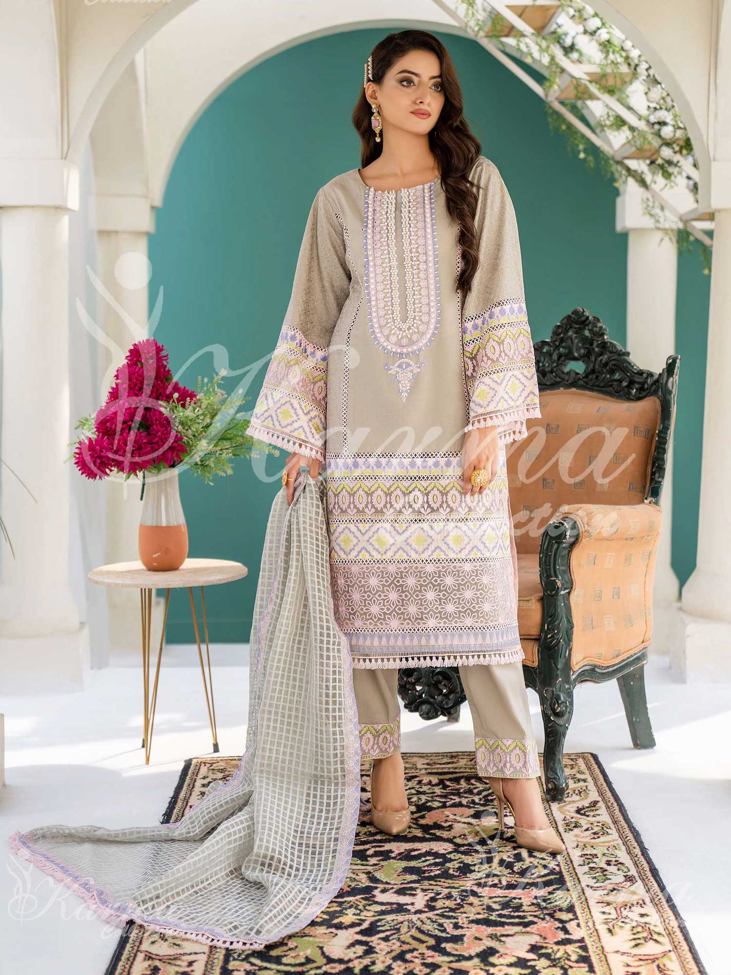 Karma Collection Grey Cotton Embellished 3-Piece Suit (1296)