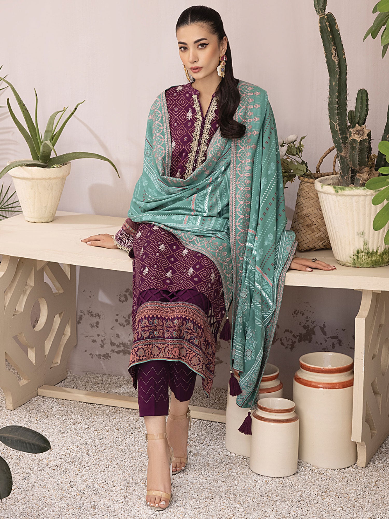 Lakhany Plum Unstitched Pashmina Embroidered Suit (LG-RM-0004)