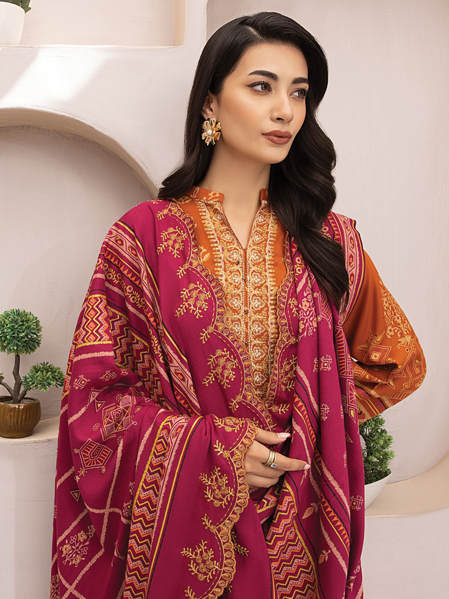 Lakhany Rust Orange Unstitched Pashmina Embroidered Suit (LG-EA-0491)