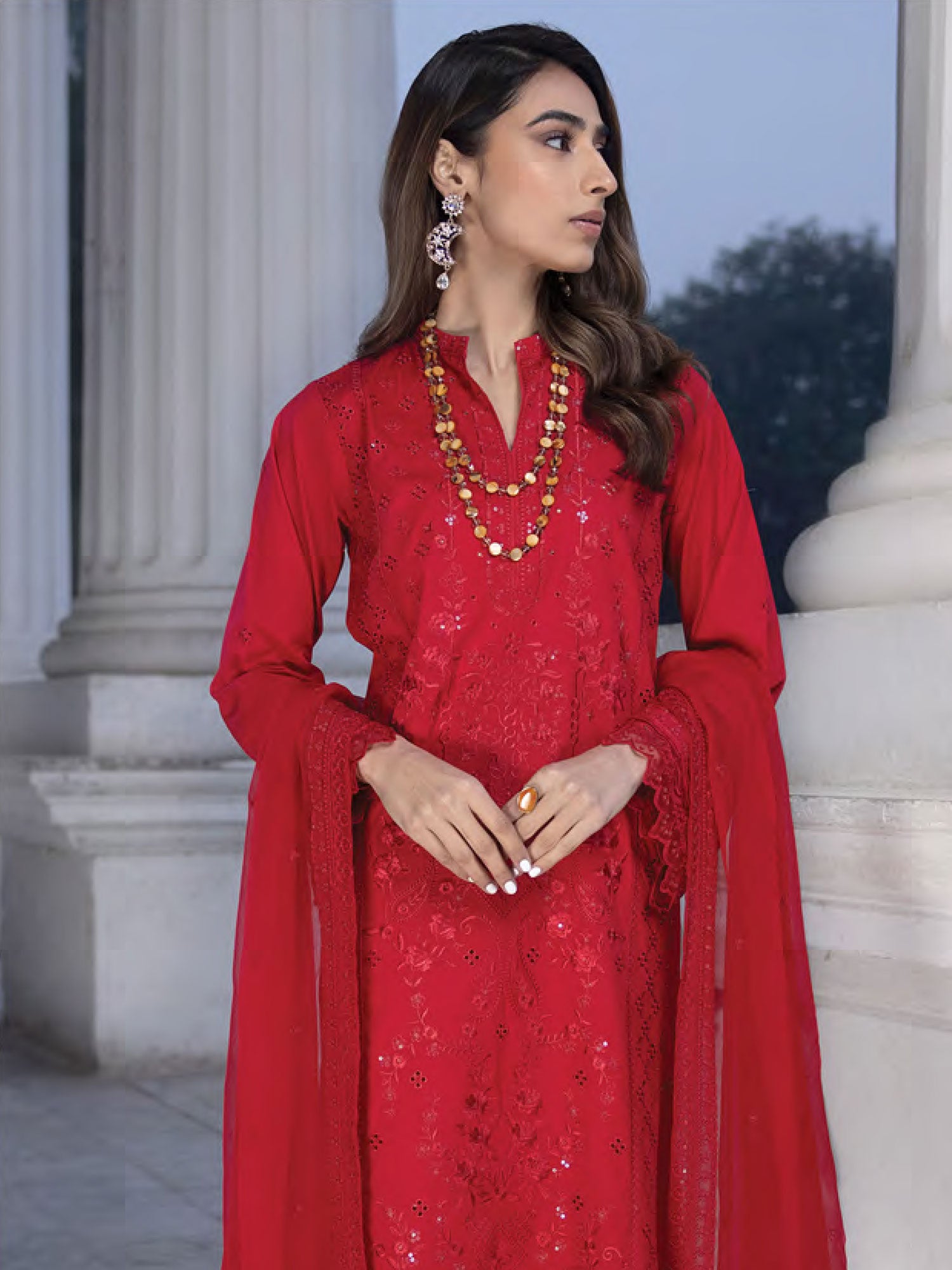 Lakhany Red Unstitched Embroidered Lawn 3-Piece Suit (LG-IZ-0152)