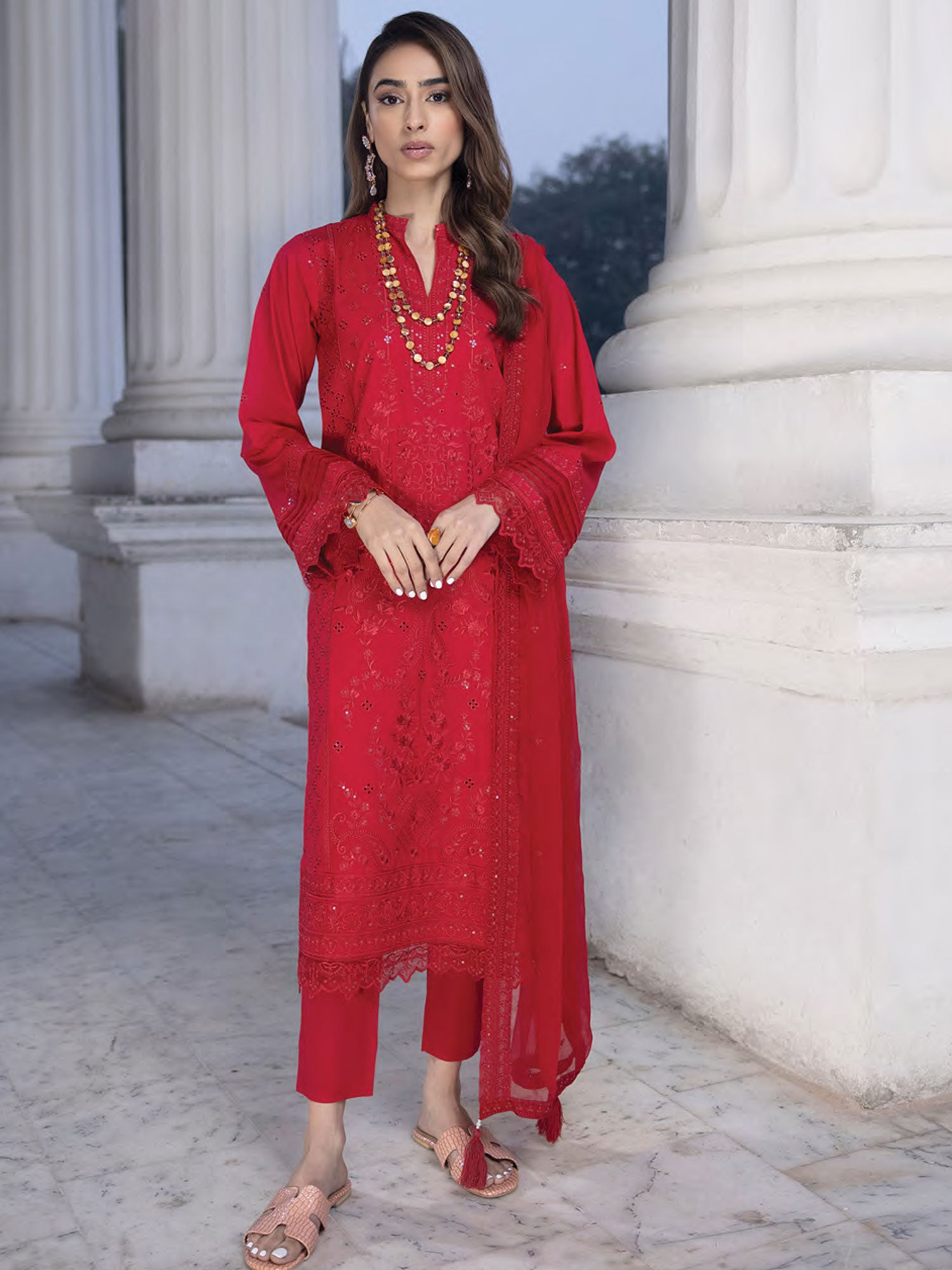 Lakhany Red Unstitched Embroidered Lawn 3-Piece Suit (LG-IZ-0152)