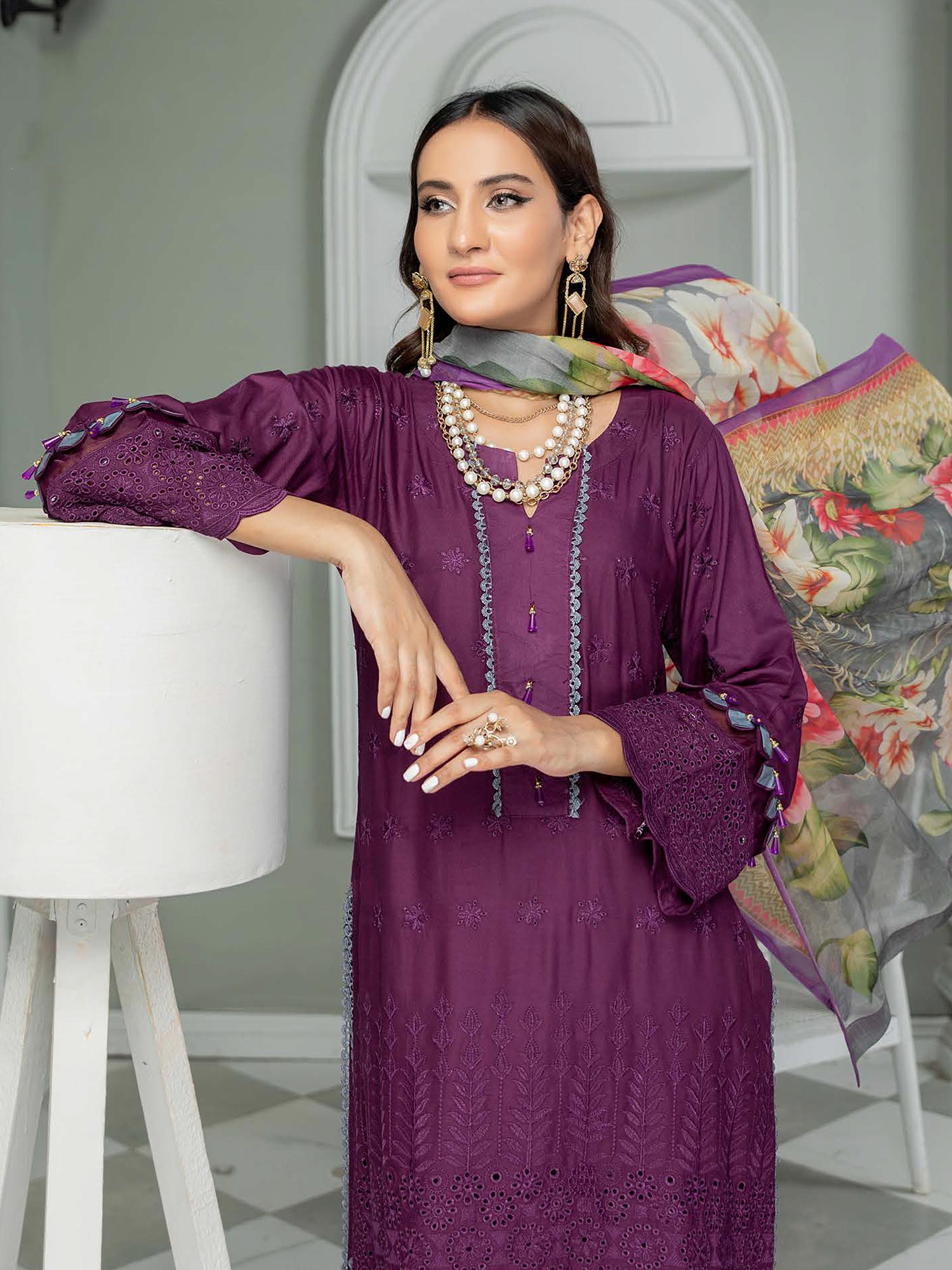 Munira Plum Luxury Schiffli Linen Suit (D-02)