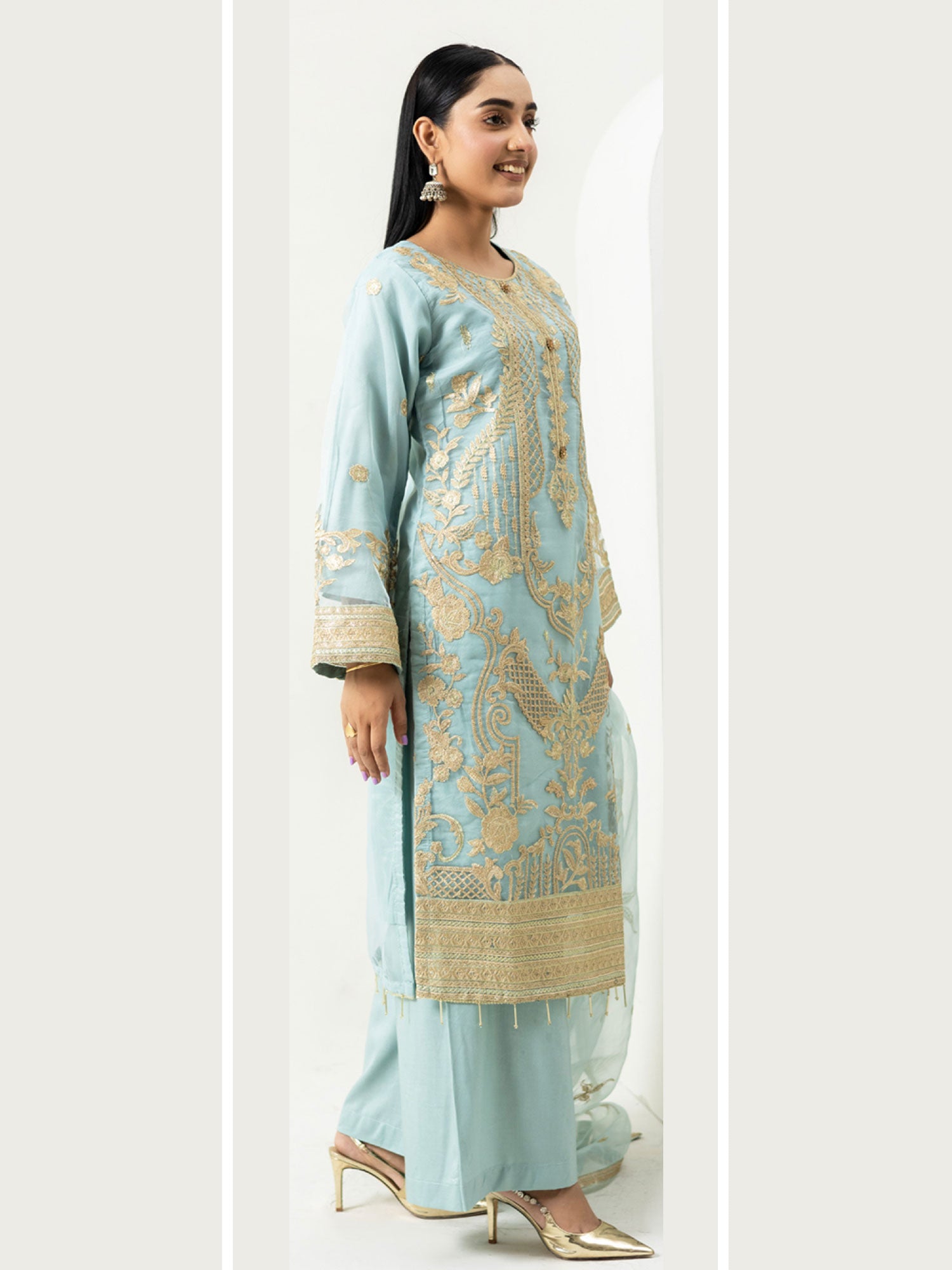 Rangz Organza Suit with Palazzo - Aqua Blue