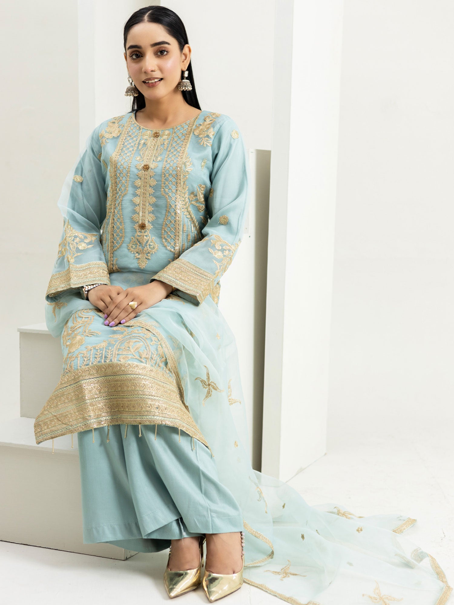 Rangz Organza Suit with Palazzo - Aqua Blue