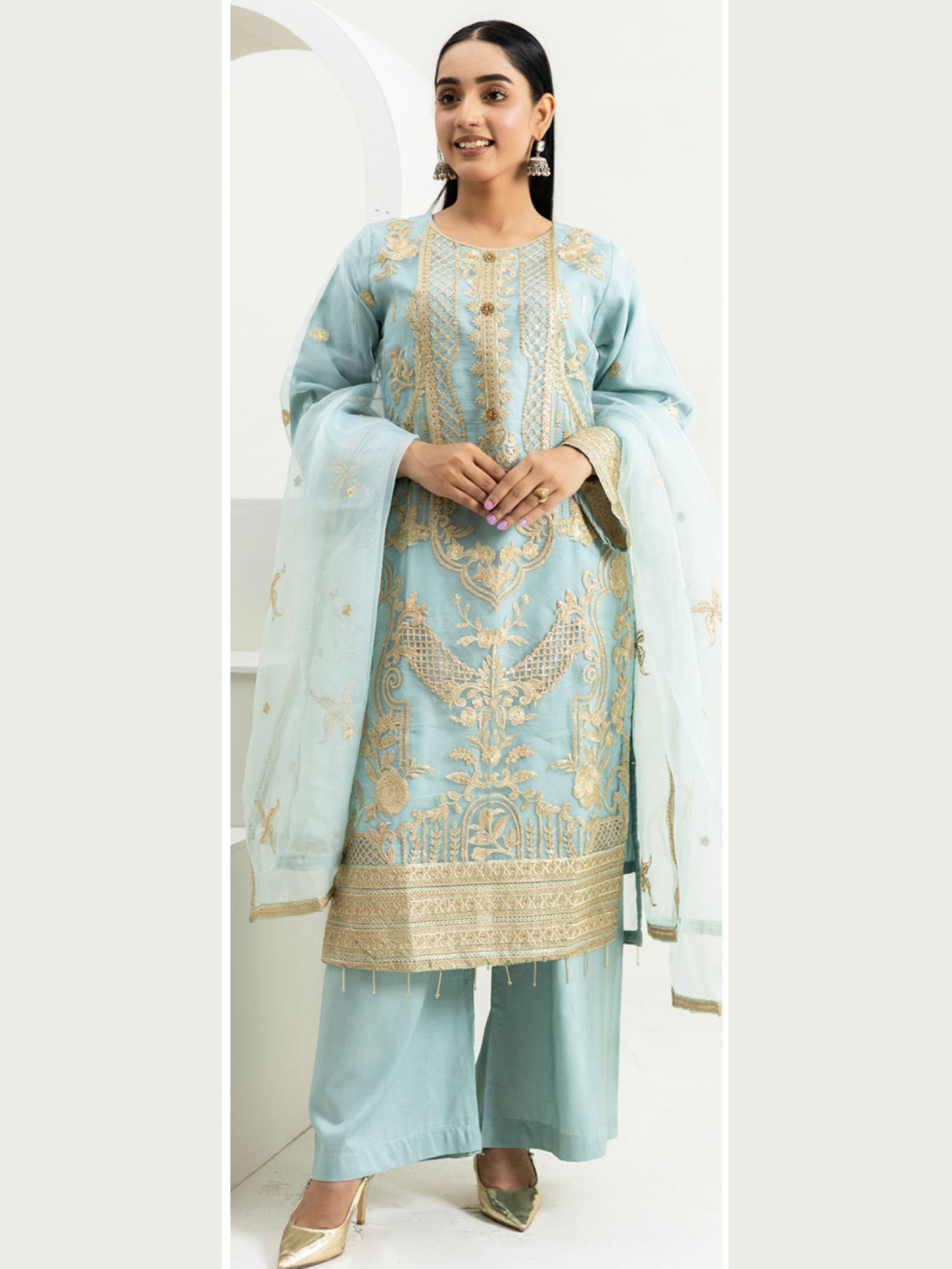 Rangz Organza Suit with Palazzo - Aqua Blue