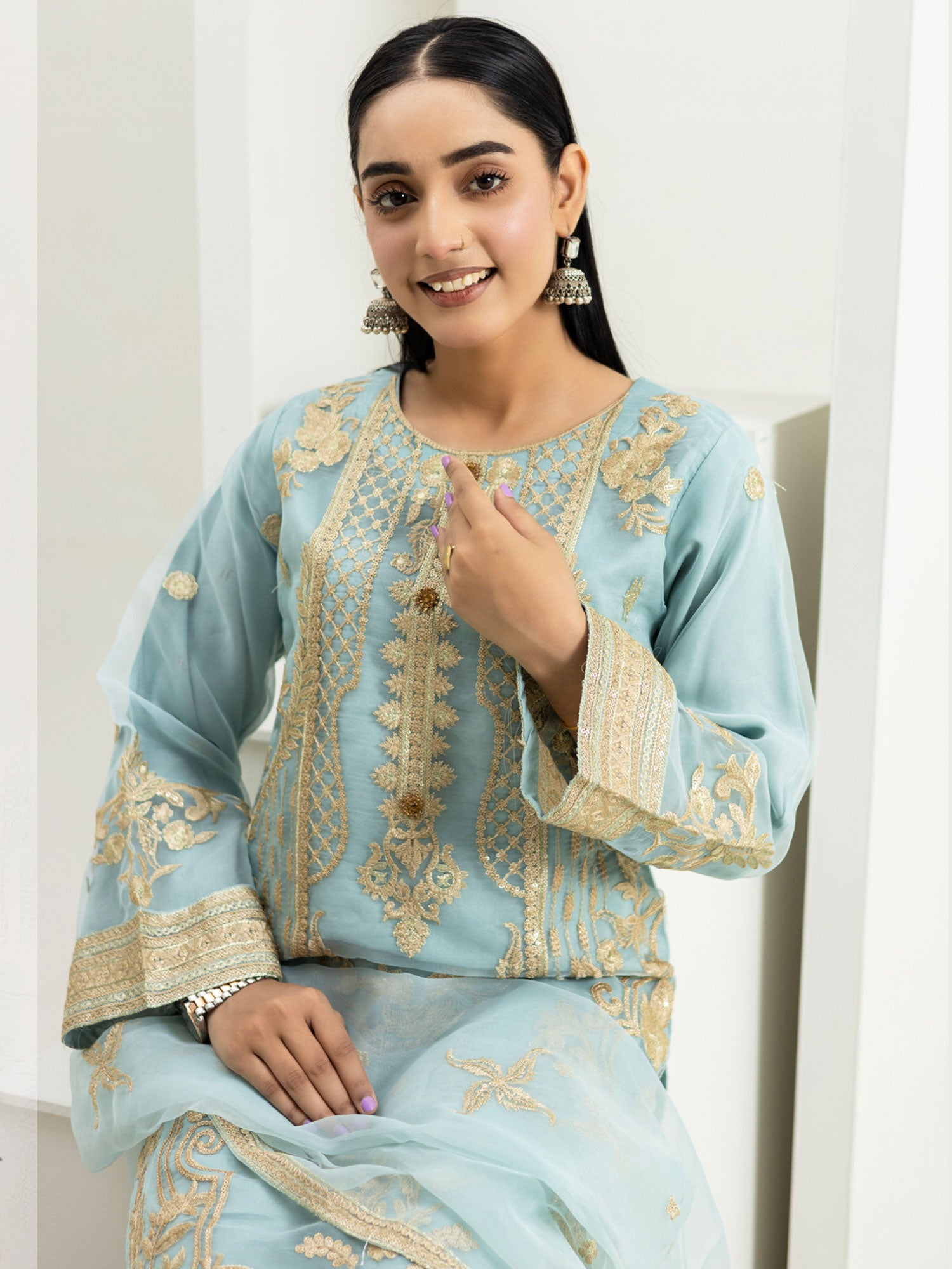 Rangz Organza Suit with Palazzo - Aqua Blue