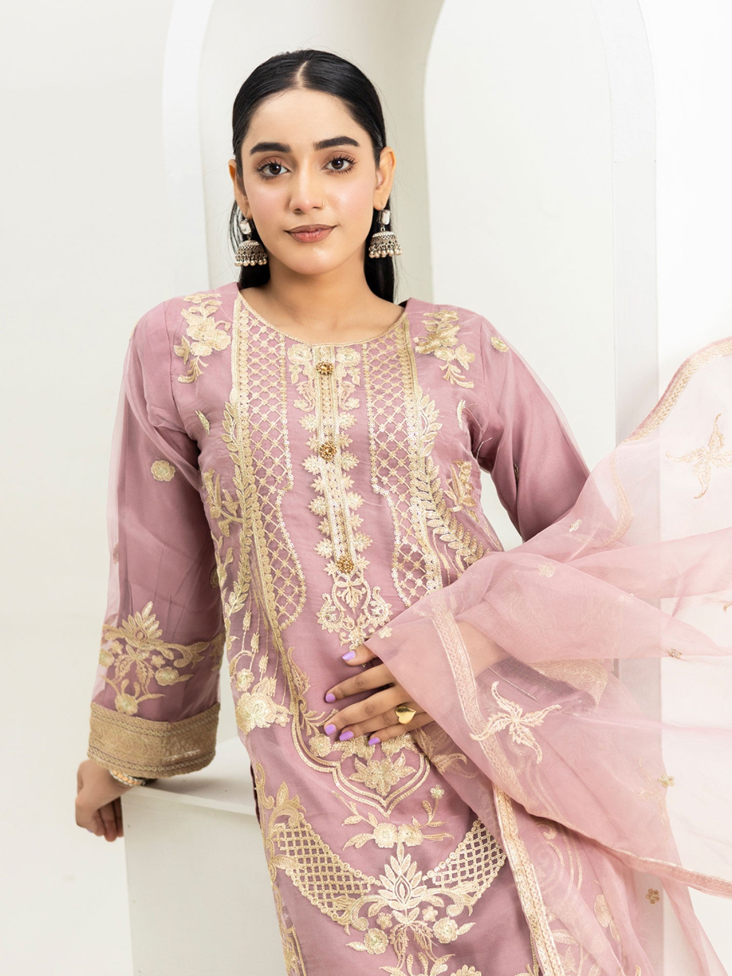 Rangz Organza Suit with Palazzo - Dusky Pink