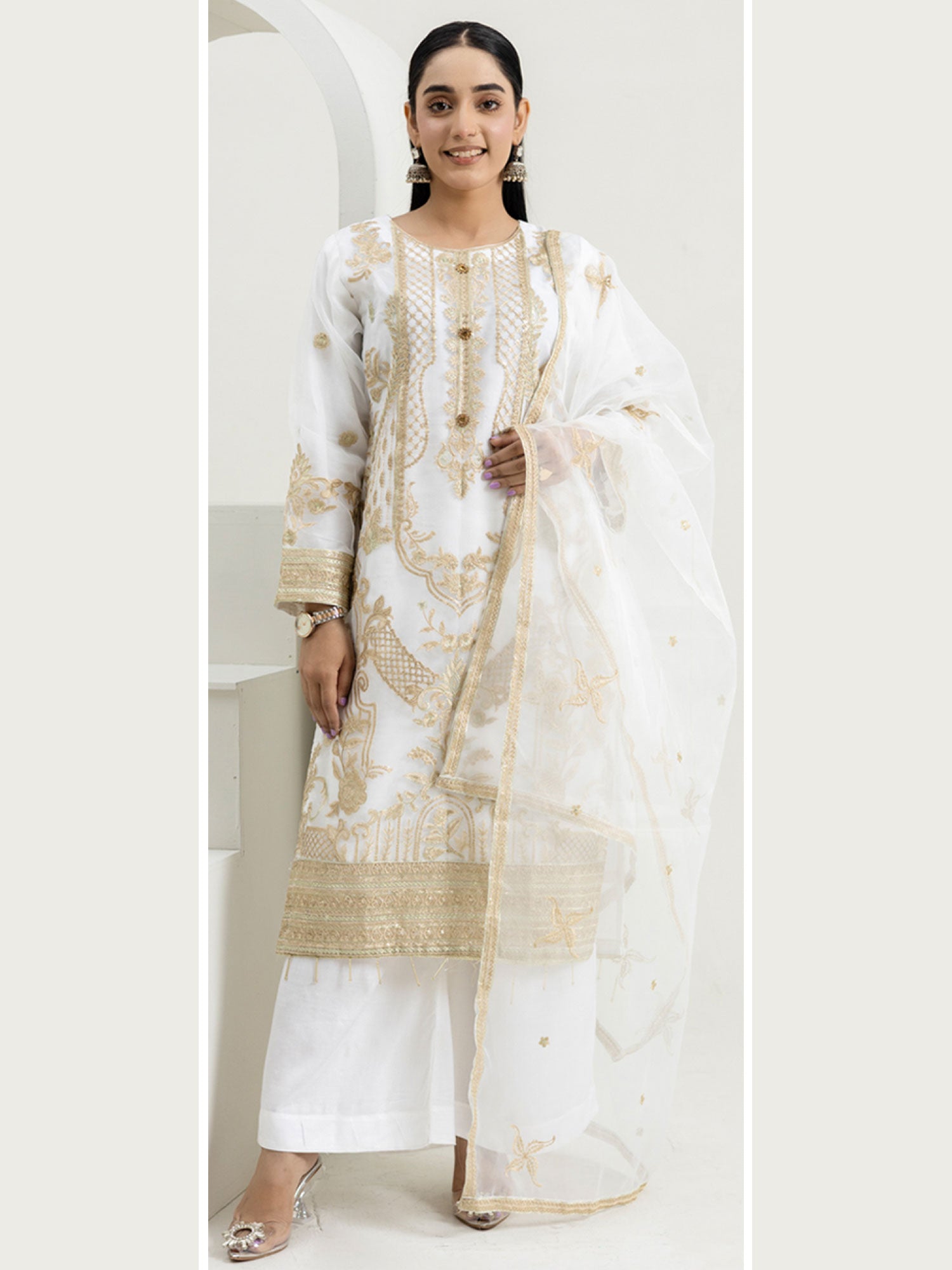 Rangz Organza Suit with Palazzo - White