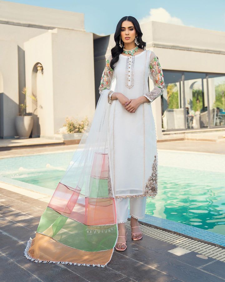 Khuda Baksh White Embroidered Organza 3-Piece Suit