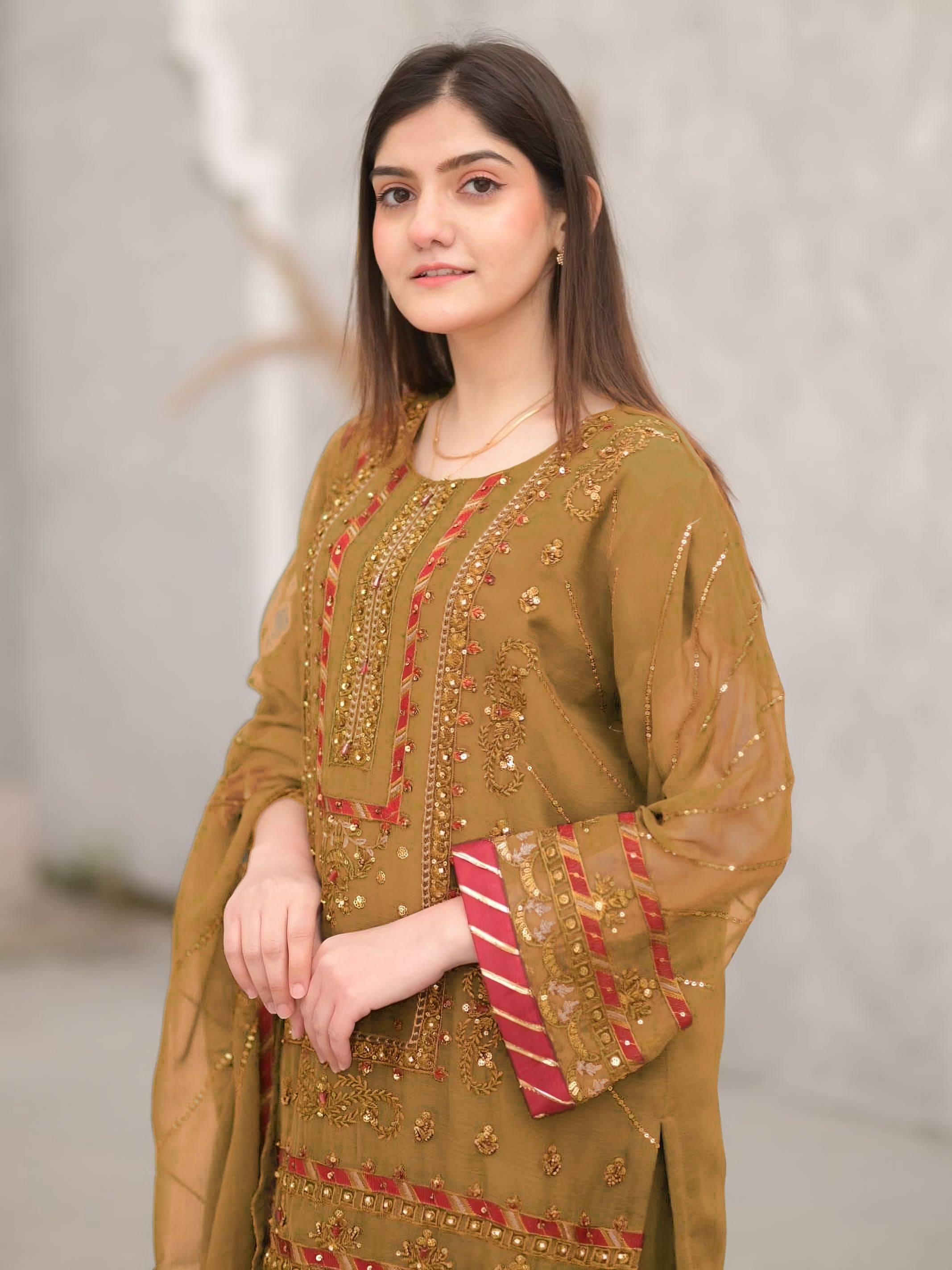 Brown Embroidered Chiffon Suit with Gharara